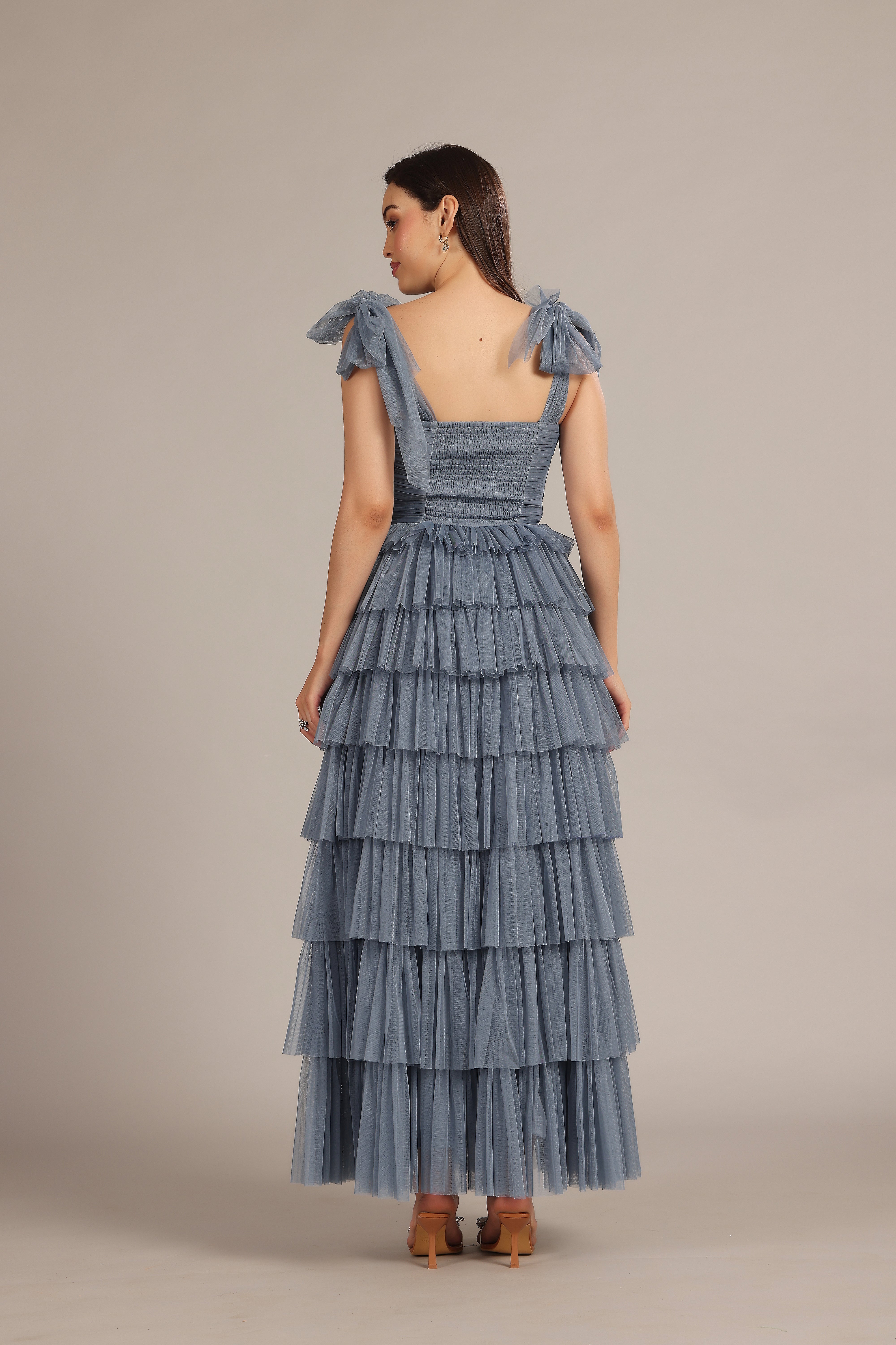 Ophelia Dusty Blue Maxi Dress with Tie Detail - Elegant Flowy Long Dress for Women, Perfect for Weddings, Beach Vacations & Summer Parties