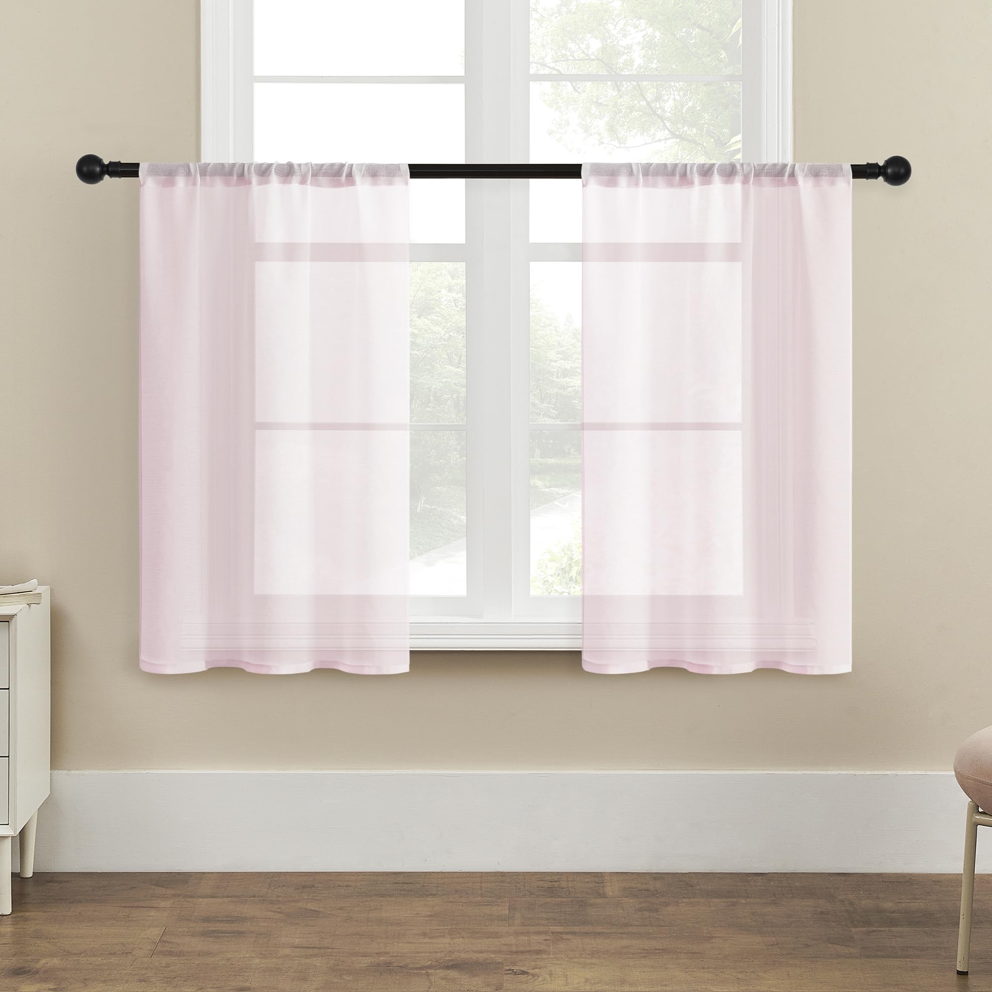 MRTREES Sheer Tier Curtains Pink - 36 Inch Light Filtering Kitchen & Bathroom Window Treatments - Rod Pocket Cafe Curtains for Half Windows (2 Panels) - Perfect for Privacy While Allowing Natural Light in Small Spaces