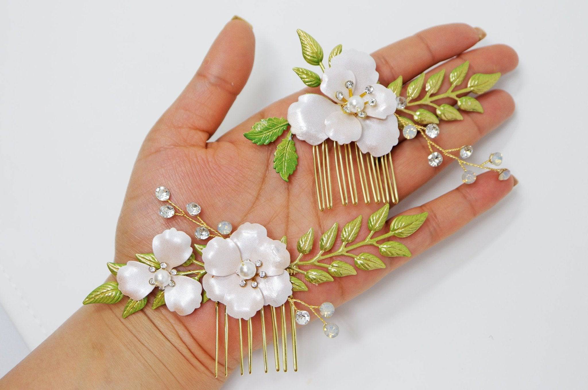 Swarovski Crystals & Pearl Rhinestone Hair Comb - Pink Flower with Green Leaves Bridal Hair Accessories for Wedding, Prom, Party, and Special Occasions