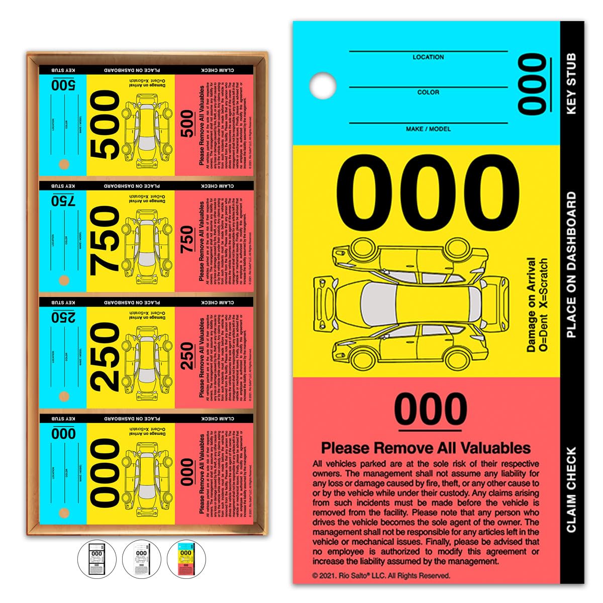 Rio Salto 3-Part Valet Parking Tickets - Perforated Cardstock Valet Claim Checks (000-999) - 3.85