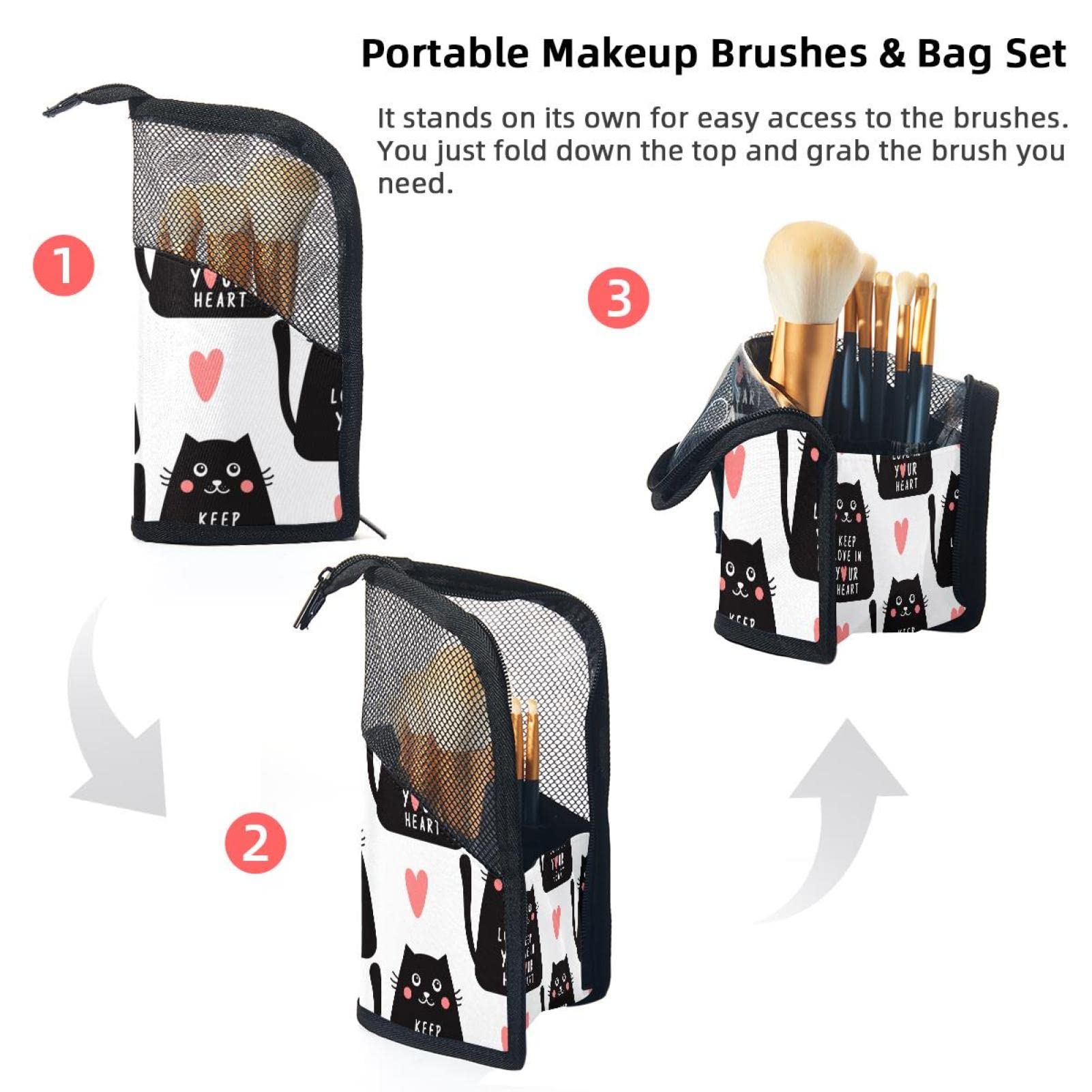 **12-Piece Makeup Brush Organizer Bag with Cat Love Heart Design - Portable Cosmetic Brush Holder Case for Travel & Home Storage**