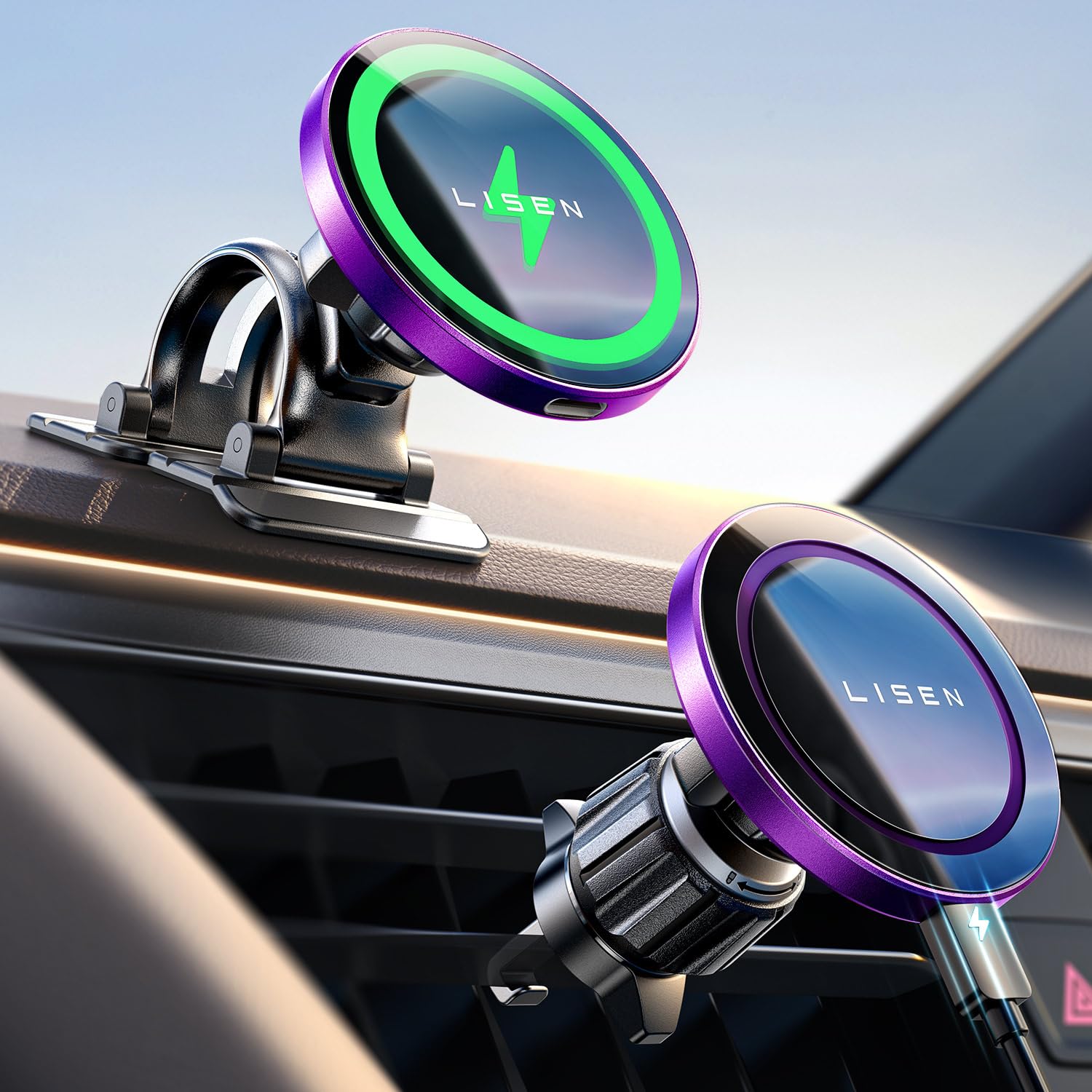 LISEN 15W Fast MagSafe Car Mount Charger - Wireless Car Charger with Powerful Magnets for iPhone 16/15/14/13/12 & MagSafe Cases (Purple) | Secure Phone Mount for Driving, Commuting & Road Trips