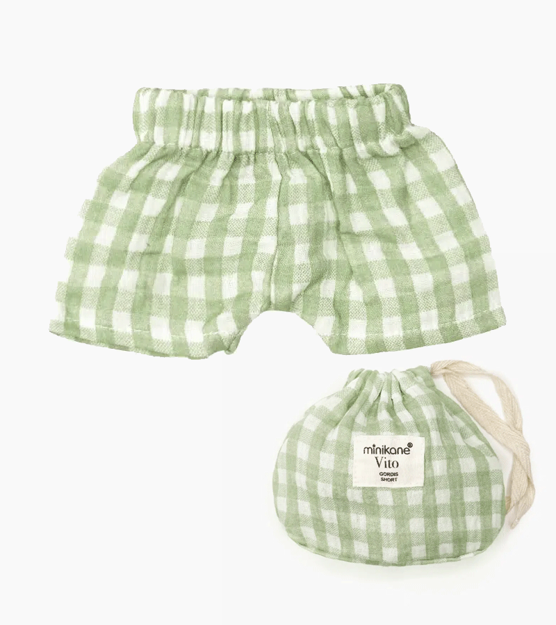 Vito Shorts for Minikane Baby Dolls - Green Vichy Cotton Gauze with Pouch | Perfect for Doll Dressing, Collecting & Photography