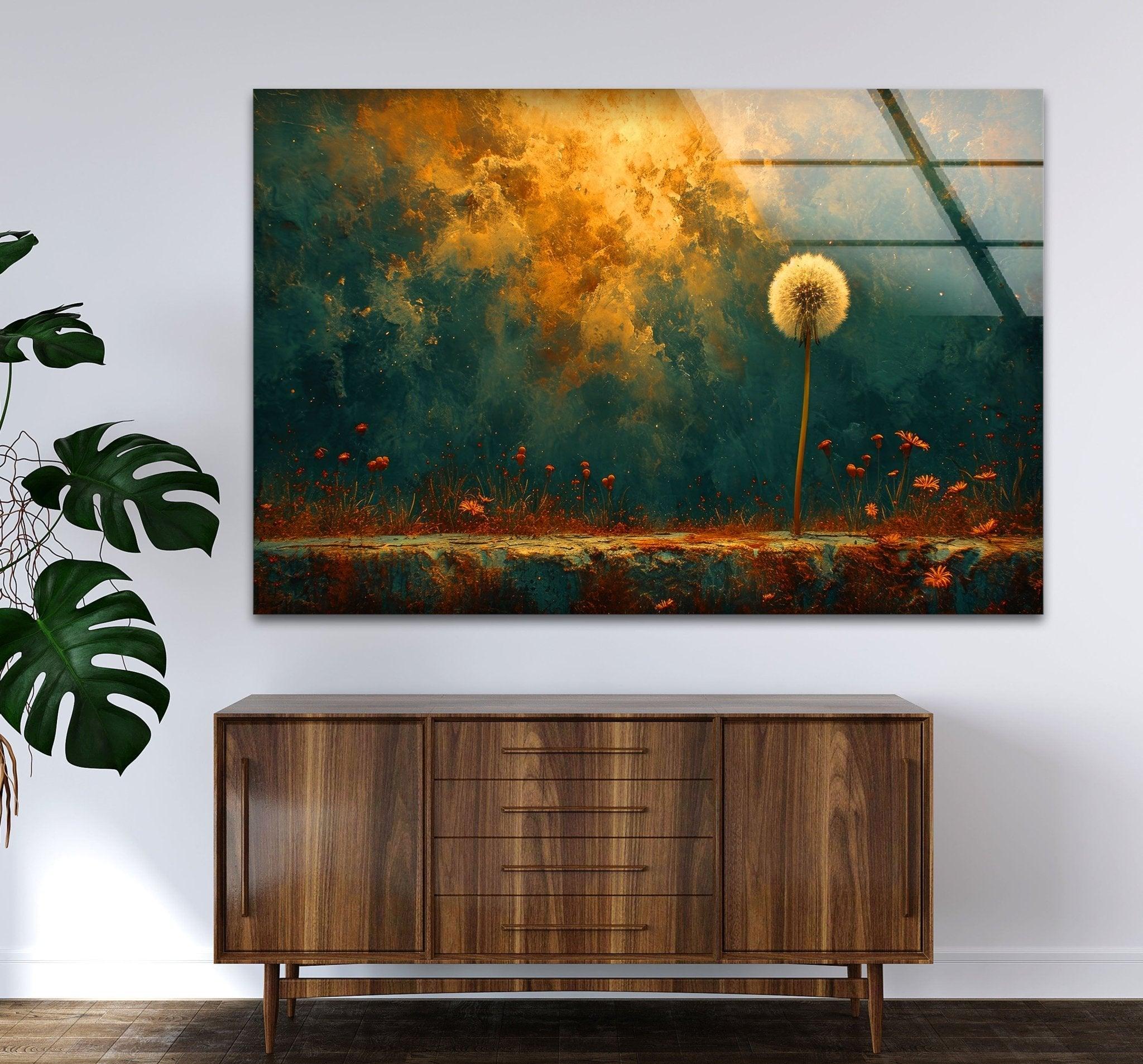 Abstract Dandelion Glass Wall Art - Handmade Modern Home Decor for Living Room, Bedroom & Office - Unique Glass Wall Hanging for Boho, Contemporary Interior Design