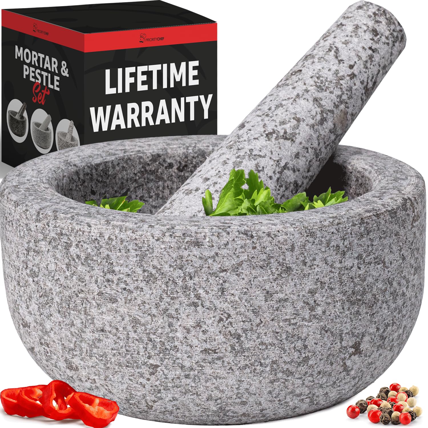 Priority Chef Heavy Duty Large Mortar and Pestle Set - 6.3 Inch Natural Granite Stone Grinder Bowl for Guacamole, Pesto, Spices & Herbs | 2 Cup Capacity, Durable Herb Crusher & Spice Grinder - Perfect for Kitchen, Cooking & Food Prep (Grey)