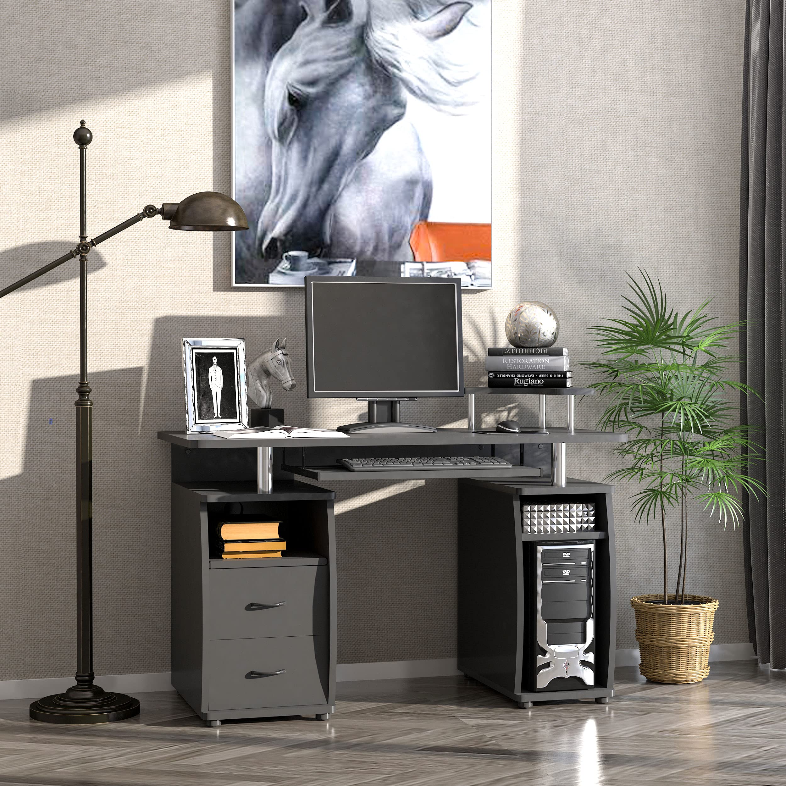 HOMCOM Black Multi-Function Computer Desk with Keyboard Tray, Elevated Shelf & CPU Stand - Home Office Workstation for Small Spaces | Perfect for Remote Work, Gaming & Study Setup