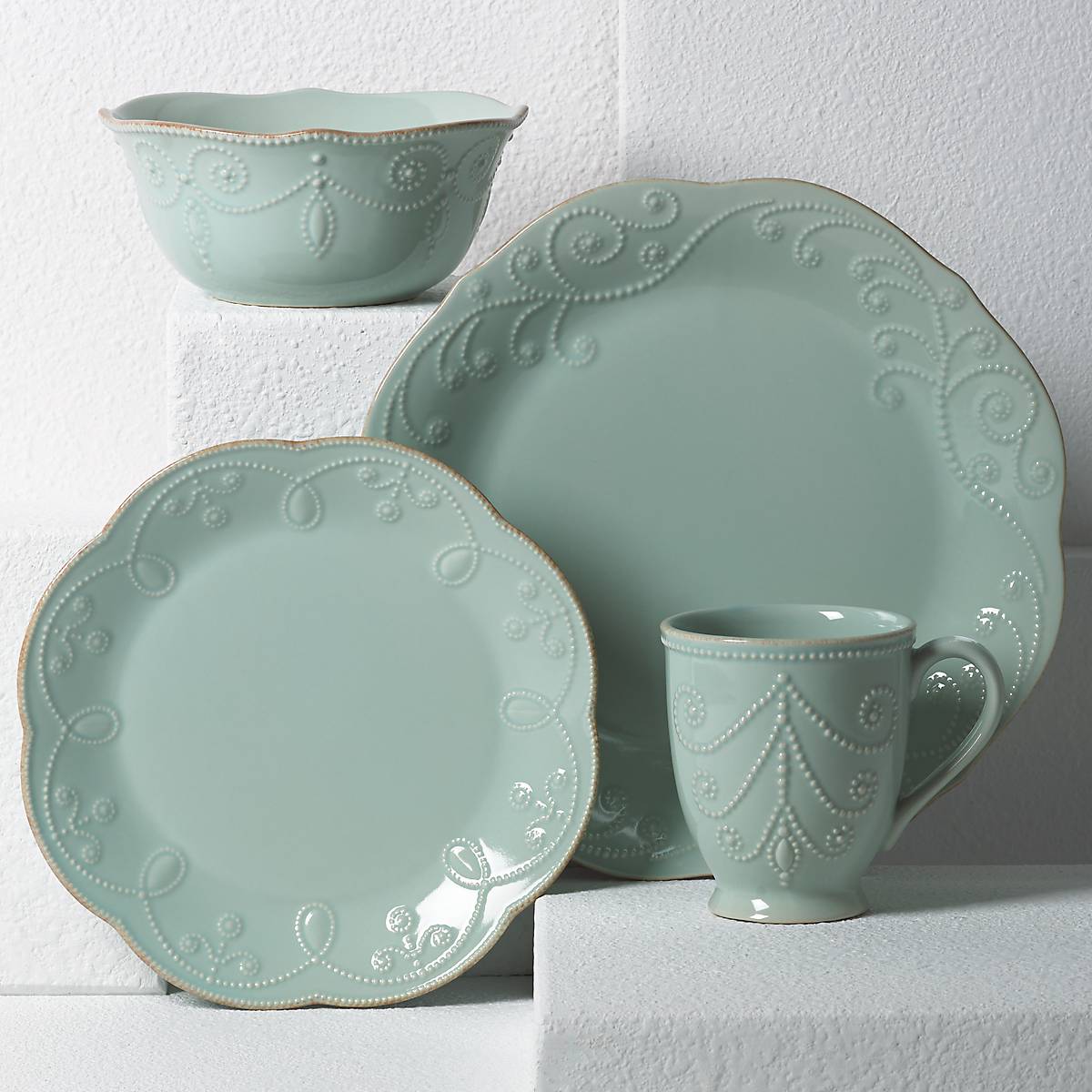 French Perle Blue 4-Piece Dinner Plate Set - Elegant Bone China Plates for Formal Dining, Entertaining & Special Occasions