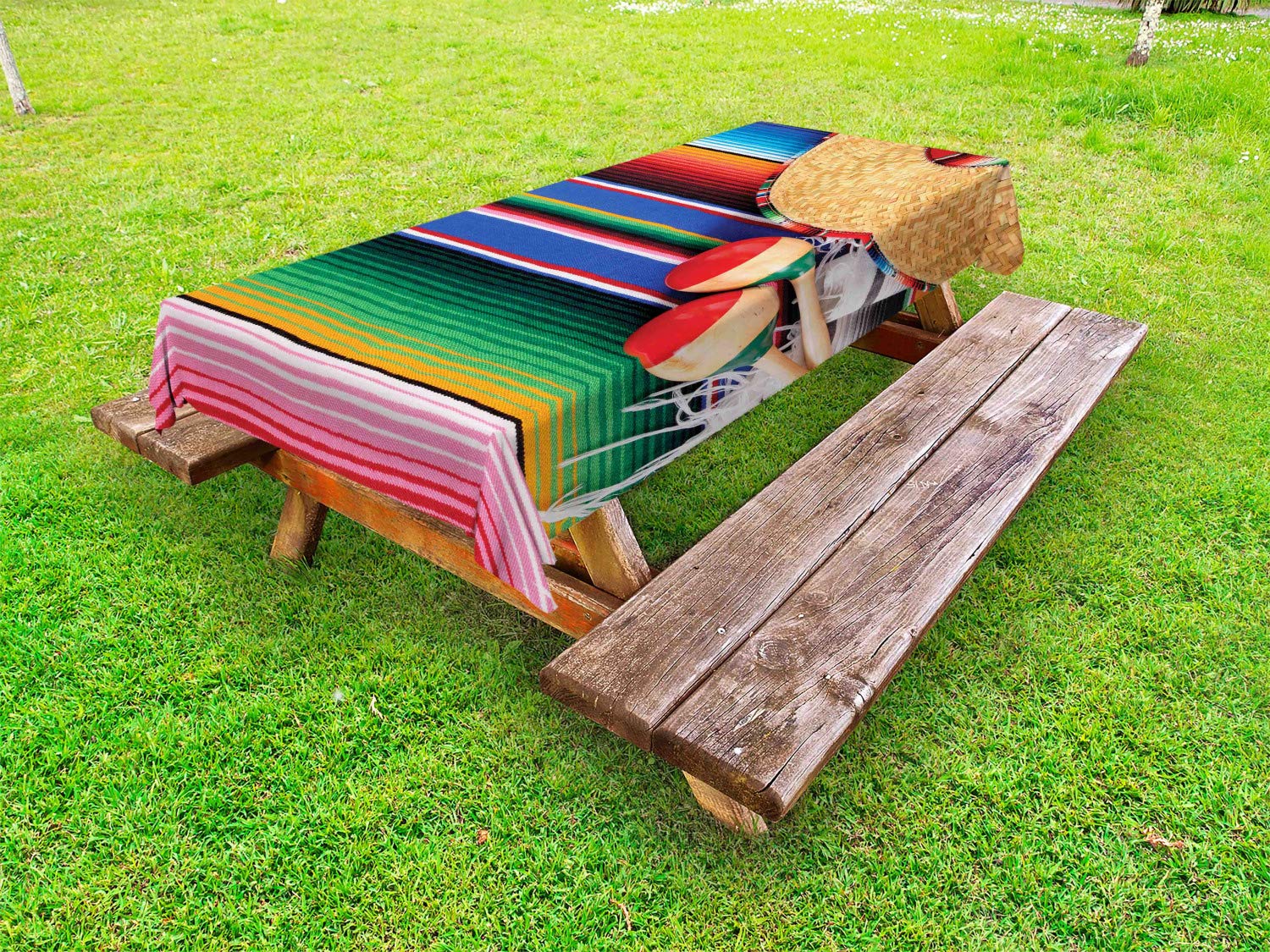 Mexican Culture Themed Outdoor Tablecloth - Sombrero, Maracas & Serape Design, Washable Picnic Blanket 58x104 Inches, Red & Ivory - Perfect for Fiesta Parties, Backyard BBQs & Cultural Events