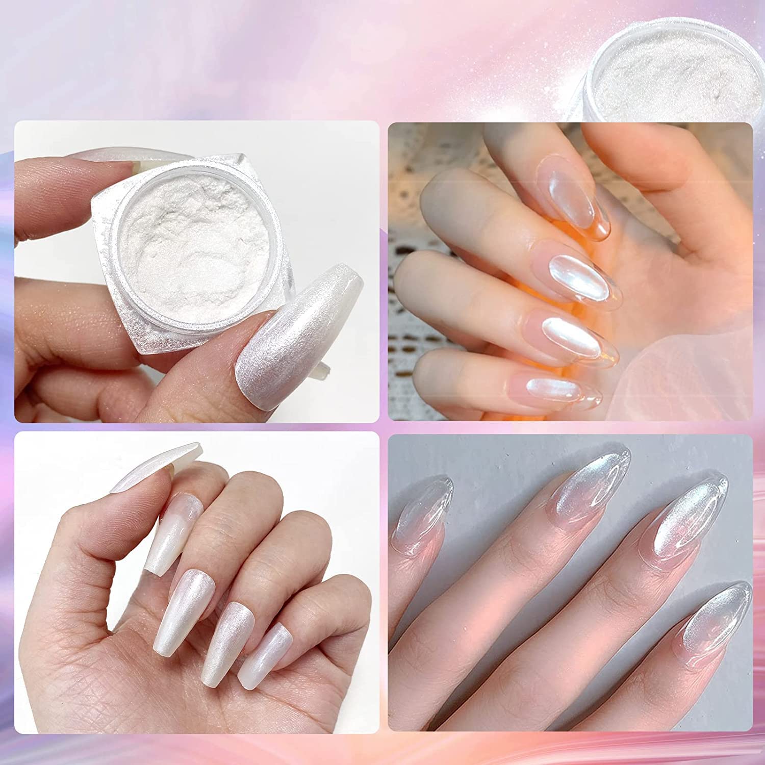 2 Boxes Pearl Nail Powder - Pearlescent White Nail Art Pigment with High Gloss Glitter & Holographic Ice Aurora Effect | DIY Chrome Powder for Home Manicure, Salon Nail Art Decoration | Perfect for Gel Polish, Acrylic Nails & Professional Nail Designs