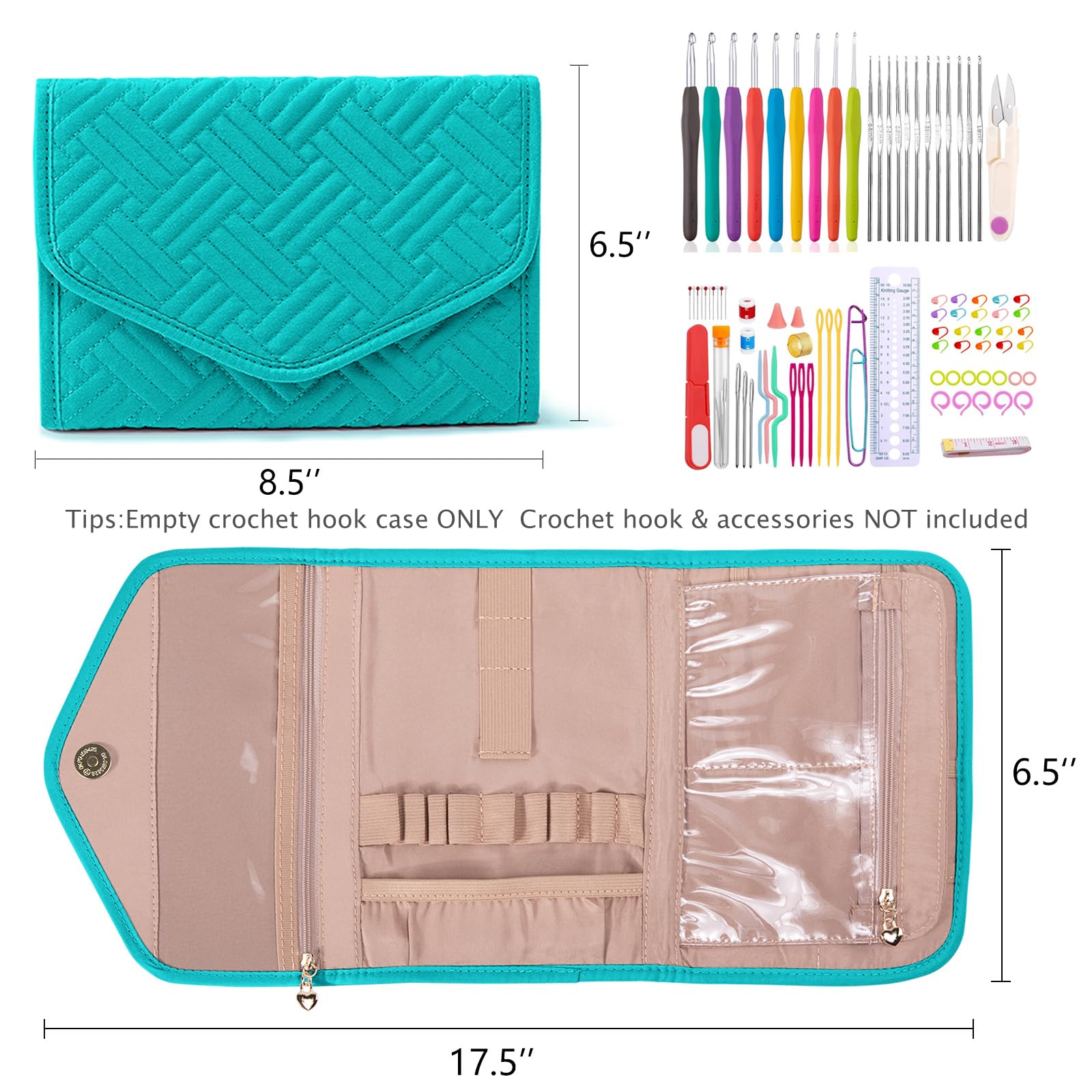Foldable Crochet Hook Organizer Case - Portable Knitting Needle Holder for Crochet & Knitting Supplies - Empty Teal Storage Pouch for Hooks, Needles & Yarn Accessories - Perfect for Travel, Crafting & Home Organization