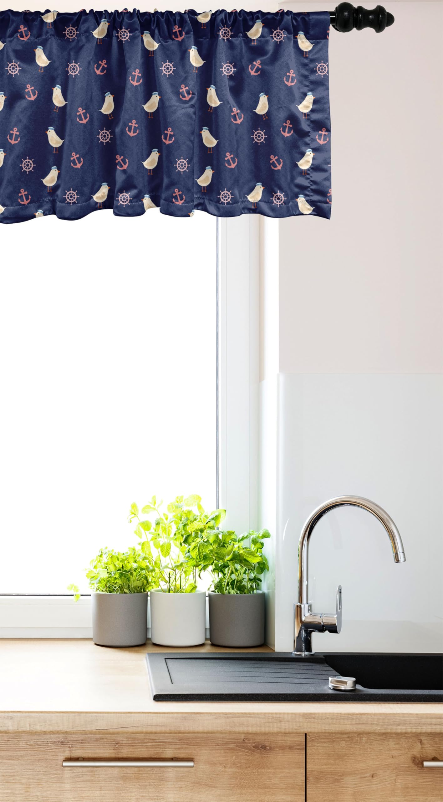Ambesonne Nautical Window Valance - Blue Ocean Theme with Birds, Marine Hats, Steering Wheel & Anchor Design | 54