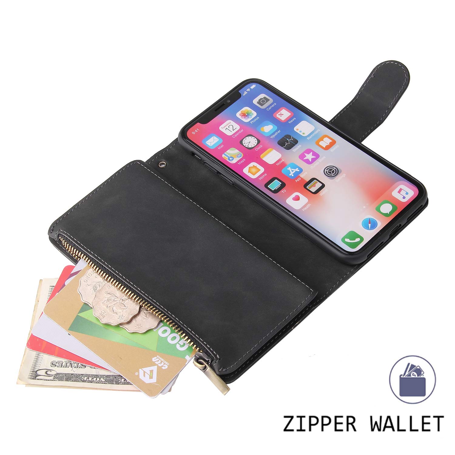 Premium Vintage PU Leather Wallet Case for iPhone X/Xs - Shockproof Flip Folio with Zipper Pocket, Card Slots, Magnetic Closure & Kickstand (Black) | Perfect for Daily Use, Travel & Hands-Free Viewing