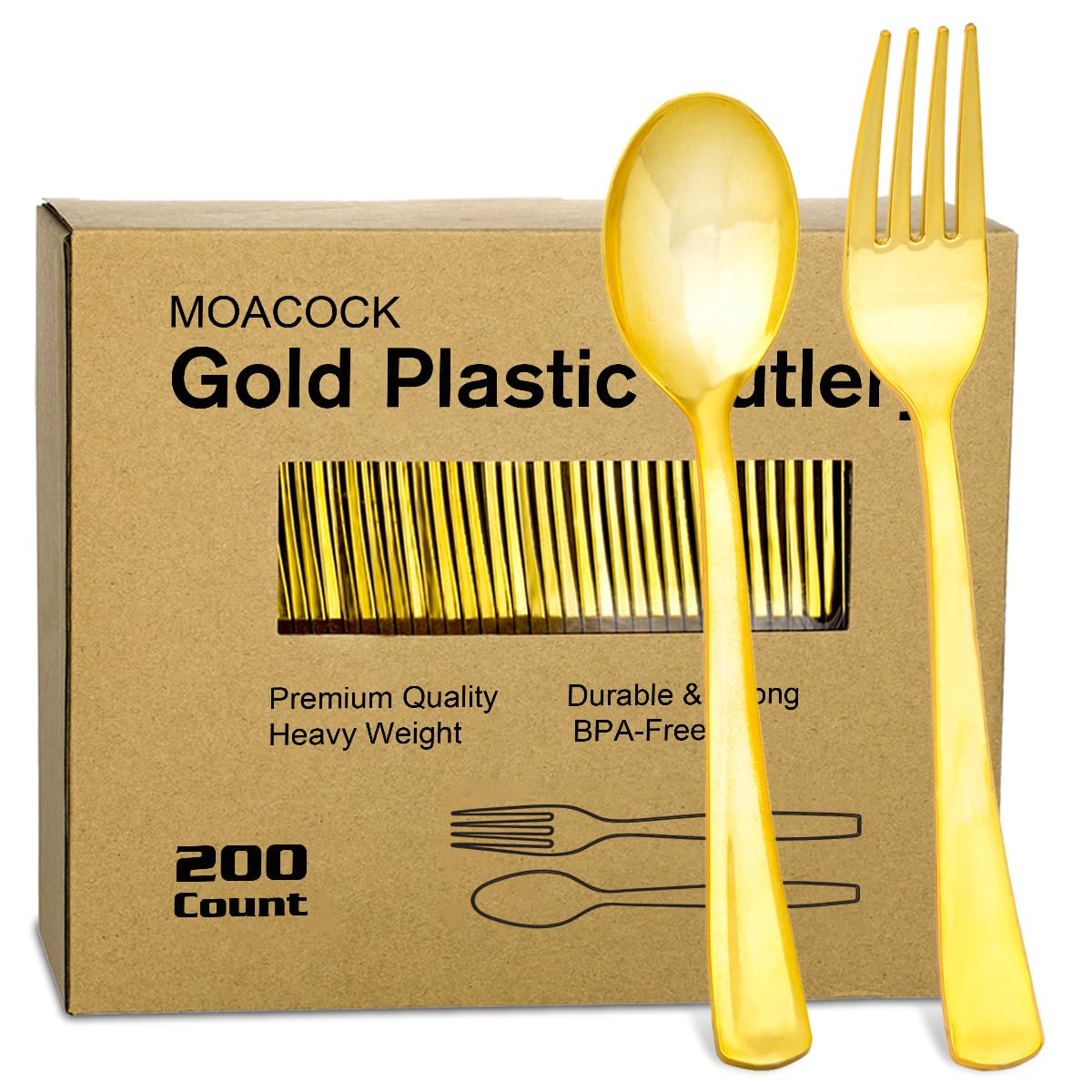 200PCS Gold Plastic Silverware Set - Heavy Duty Disposable Cutlery Includes 100 Gold Spoons & Forks - Bulk Flatware for Catering, Parties, Weddings, Picnics & Outdoor Events