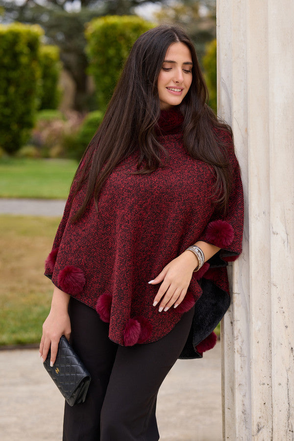 Cozy Faux Fur Poncho with Pom Pom Trim - Women's Winter Cape Shawl for Outdoor & Indoor Wear