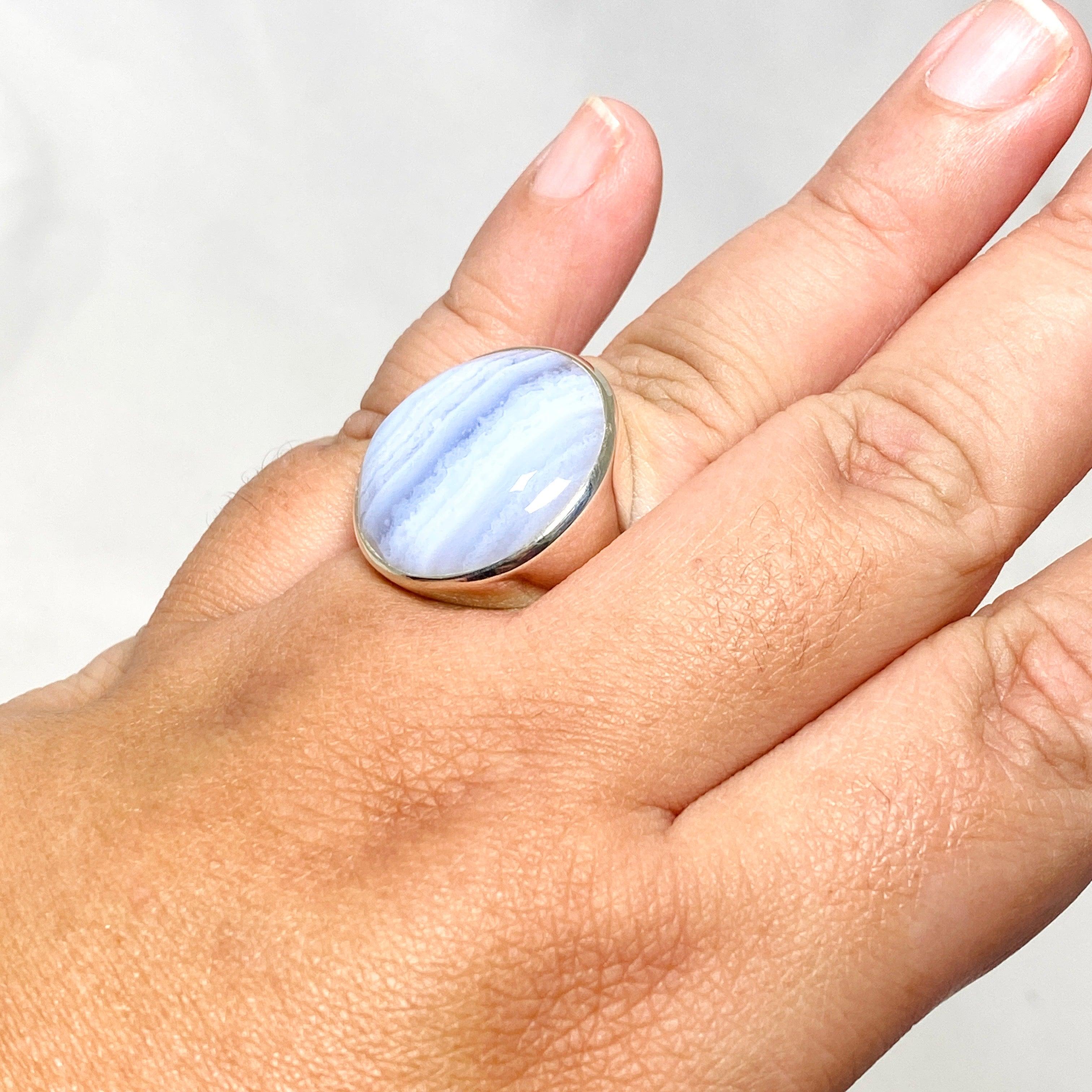 Blue Lace Agate Sterling Silver Round Ring Size 10.5 - Handmade Boho Jewelry for Women, Gift for Her - Perfect for Weddings, Parties & Everyday Wear