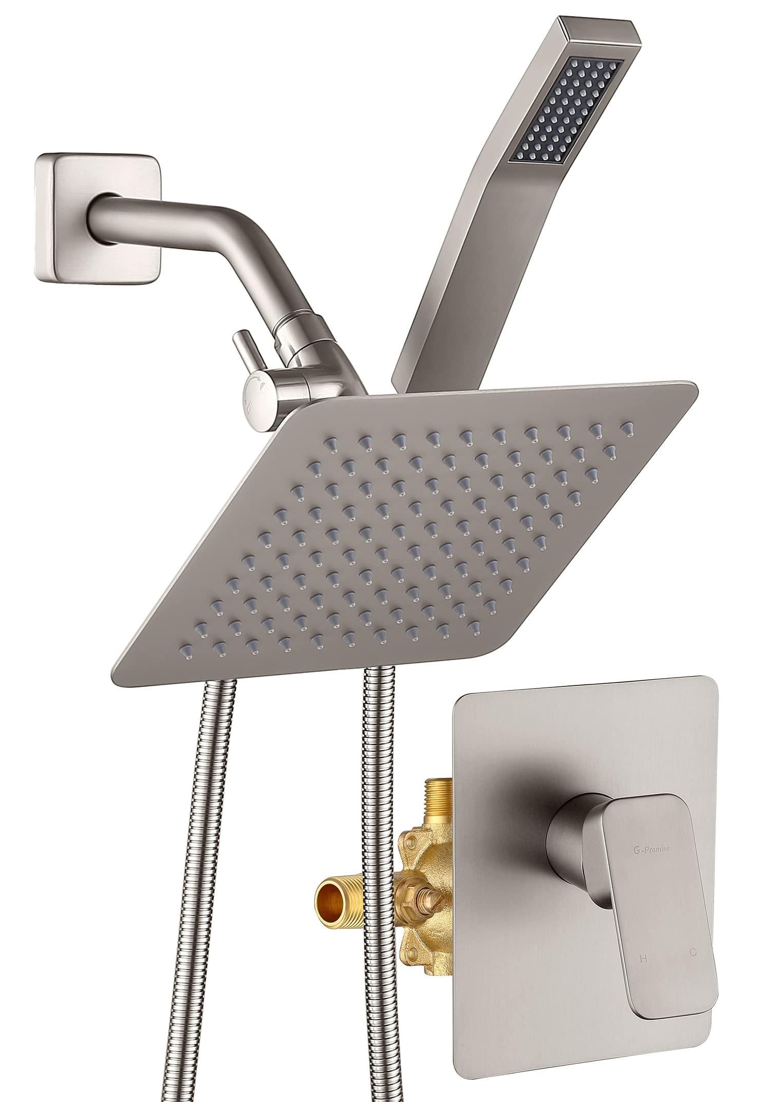 Premium All-Metal Shower Faucet Set - Dual Square Shower Head System with Handheld Spray Wand & Rainfall Showerhead, Diverter Valve, 60