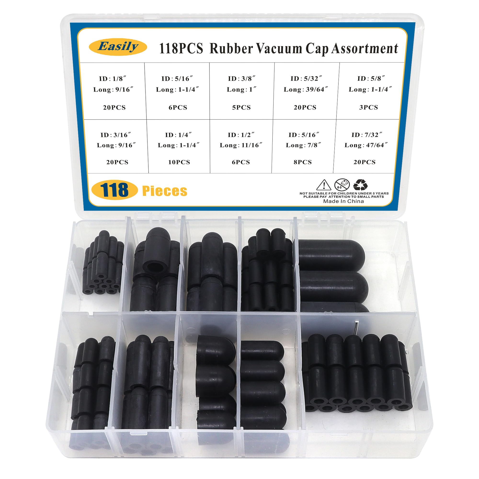 118 Pcs Vacuum Caps Assortment Kit - 10 Sizes Rubber Hose End Plugs for Carburetor, Manifold, Automotive (3/16