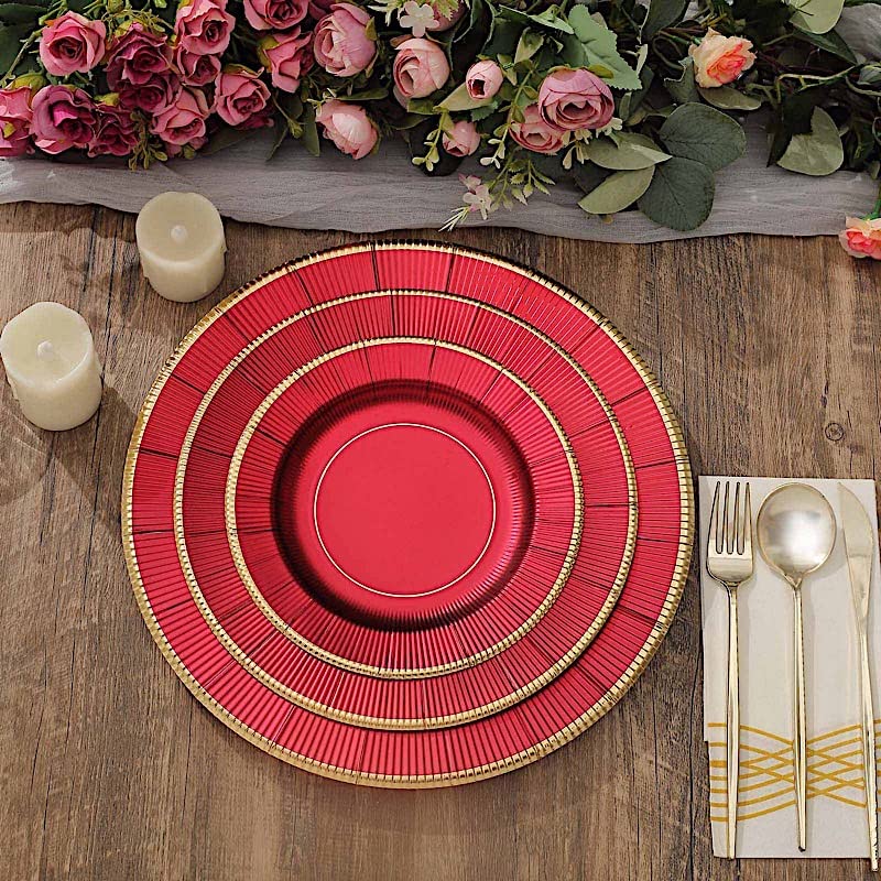 25 Pack 13-inch Round Disposable Paper Plates - Burgundy with Metallic Trim for Weddings, Parties, Catering & Home Decor - Elegant Charger Plates for Dinnerware & Table Setting