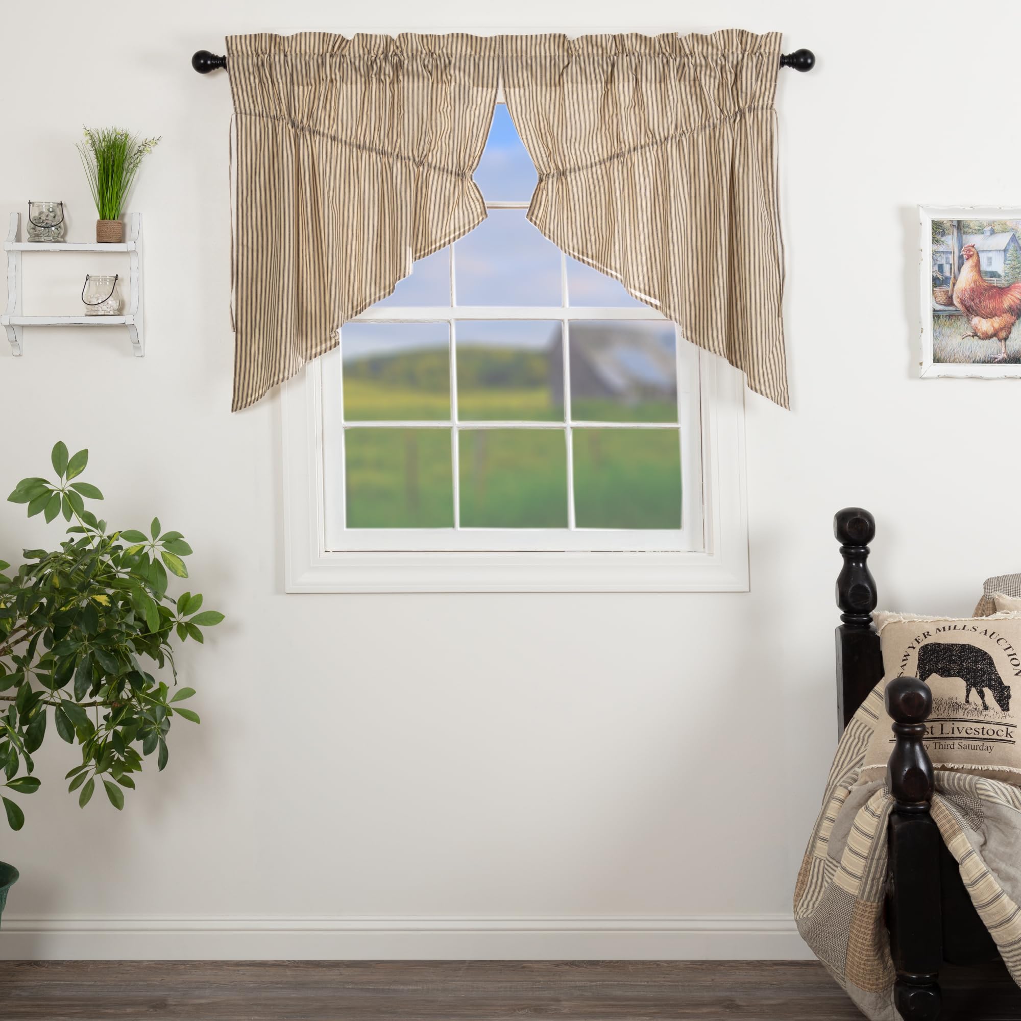 Sawyer Mill Charcoal Swag Set - Farmhouse Lined Curtains with Country Stripes, 36x36 Inches - Perfect for Kitchen Windows & Cozy Farmhouse Decor