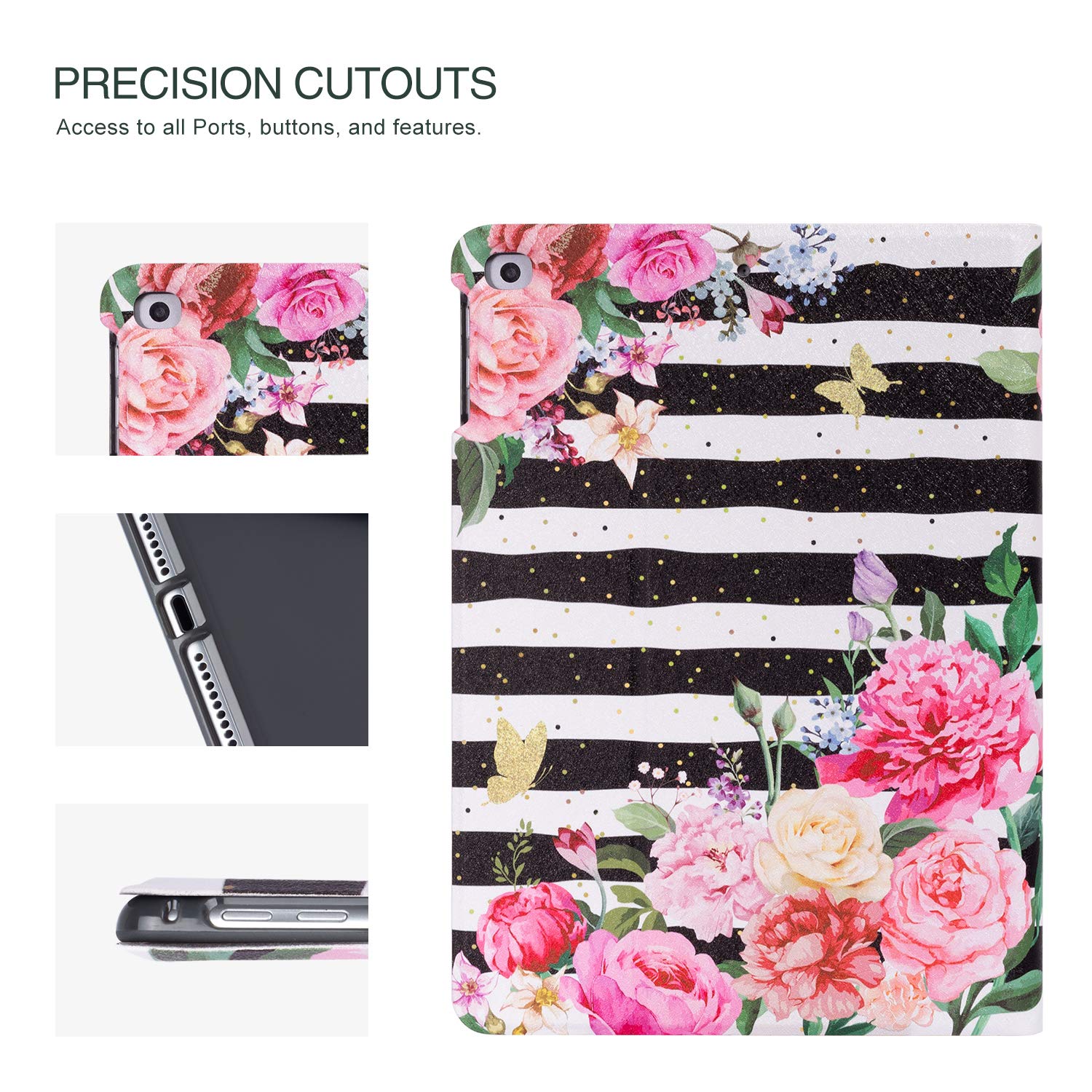 Premium Leather Folio Case for iPad Air 2 & iPad 6th/5th Gen (9.7 Inch) - Multi-Angle Stand, Black White Striped Flower Design - Perfect for Work, Travel & Home Use