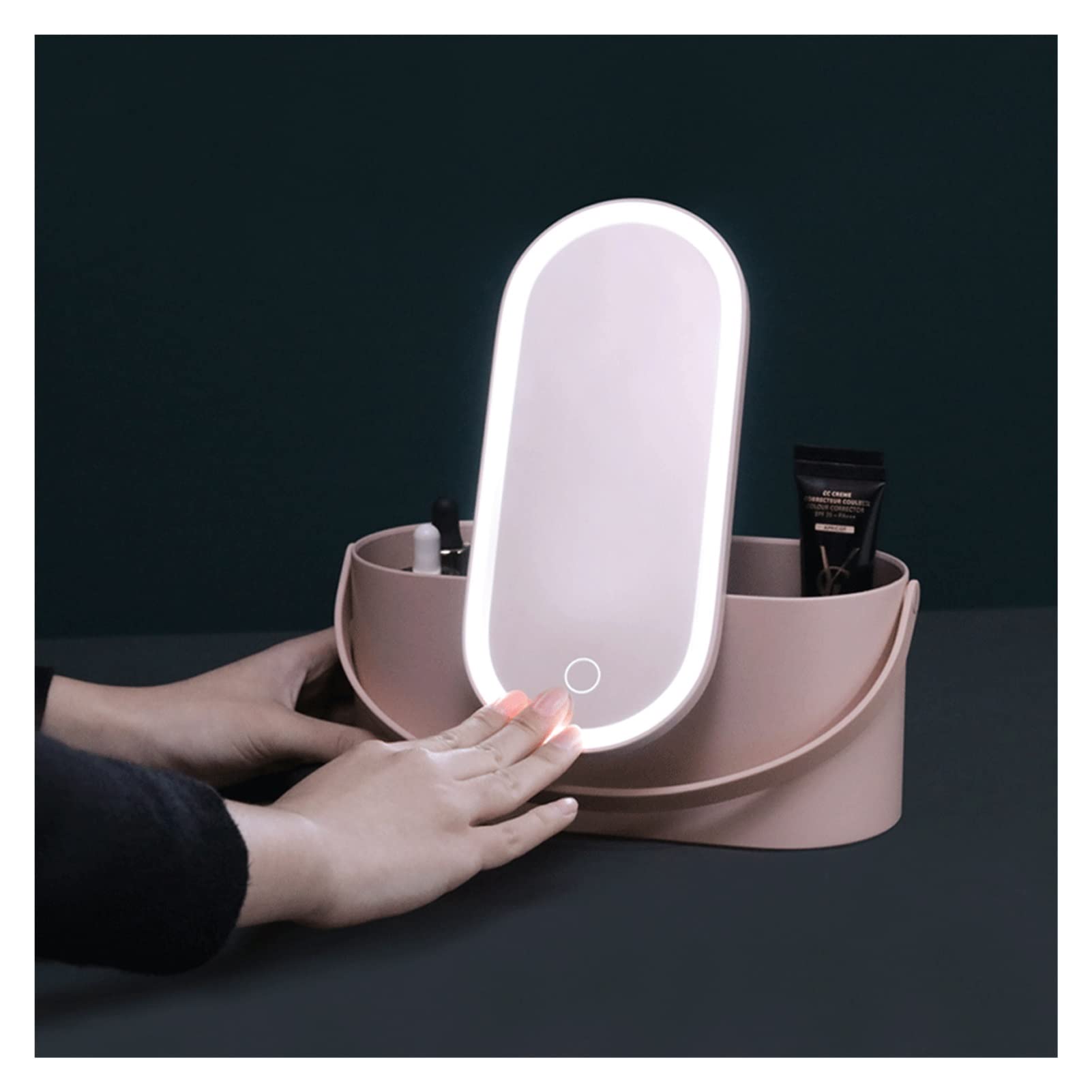 Portable LED Makeup Organizer Box with Mirror - Pink Travel Cosmetic Case for Home & Travel