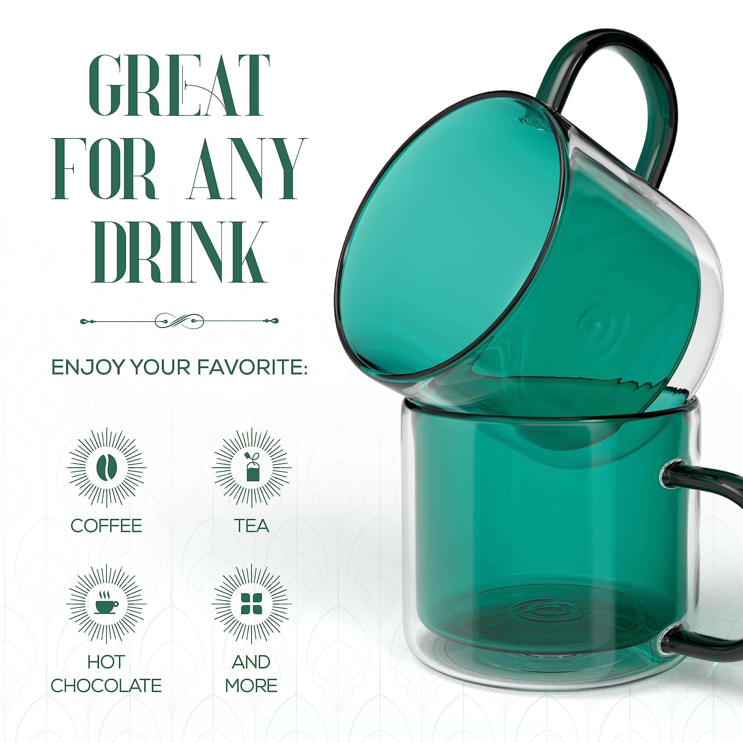 Elle Decor Double Wall Insulated Coffee Mugs - Set of 2 (10oz Each) - Heat Resistant Glass Cups for Coffee, Tea, Espresso & Milk - Perfect Valentine's Day, Birthday & Holiday Gift (Green) - Ideal for Home, Office & Cafe Use