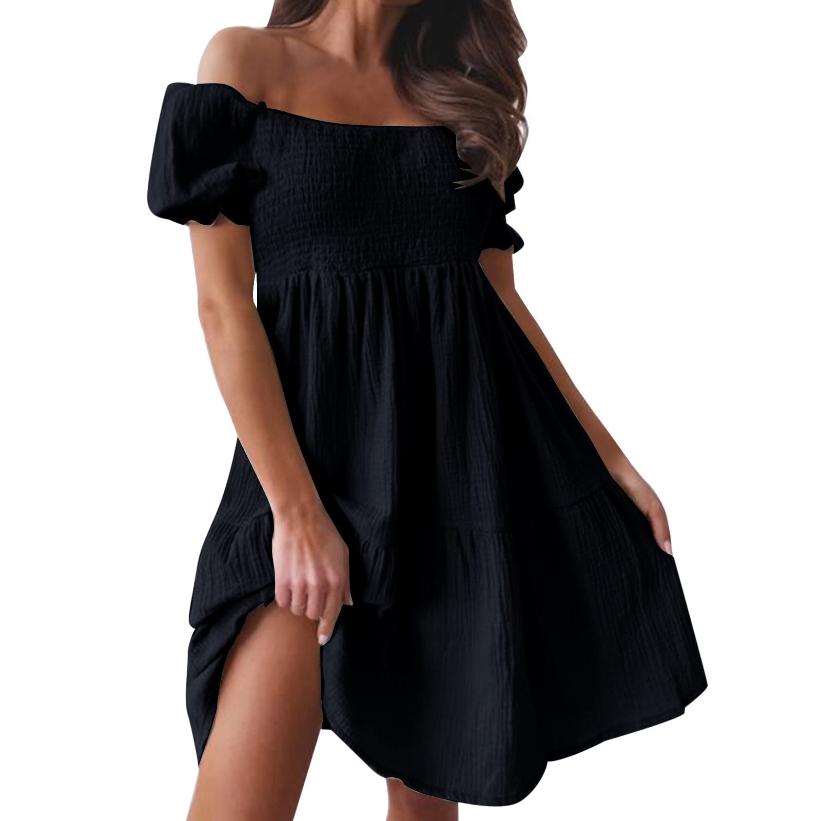 Women's Bohemian Summer Off Shoulder Dress - Cute Puff Sleeve Ruffle Flowy Beach Midi Tunic Dress (Black, Size S) | Perfect for Beach Vacations, Music Festivals & Summer Parties