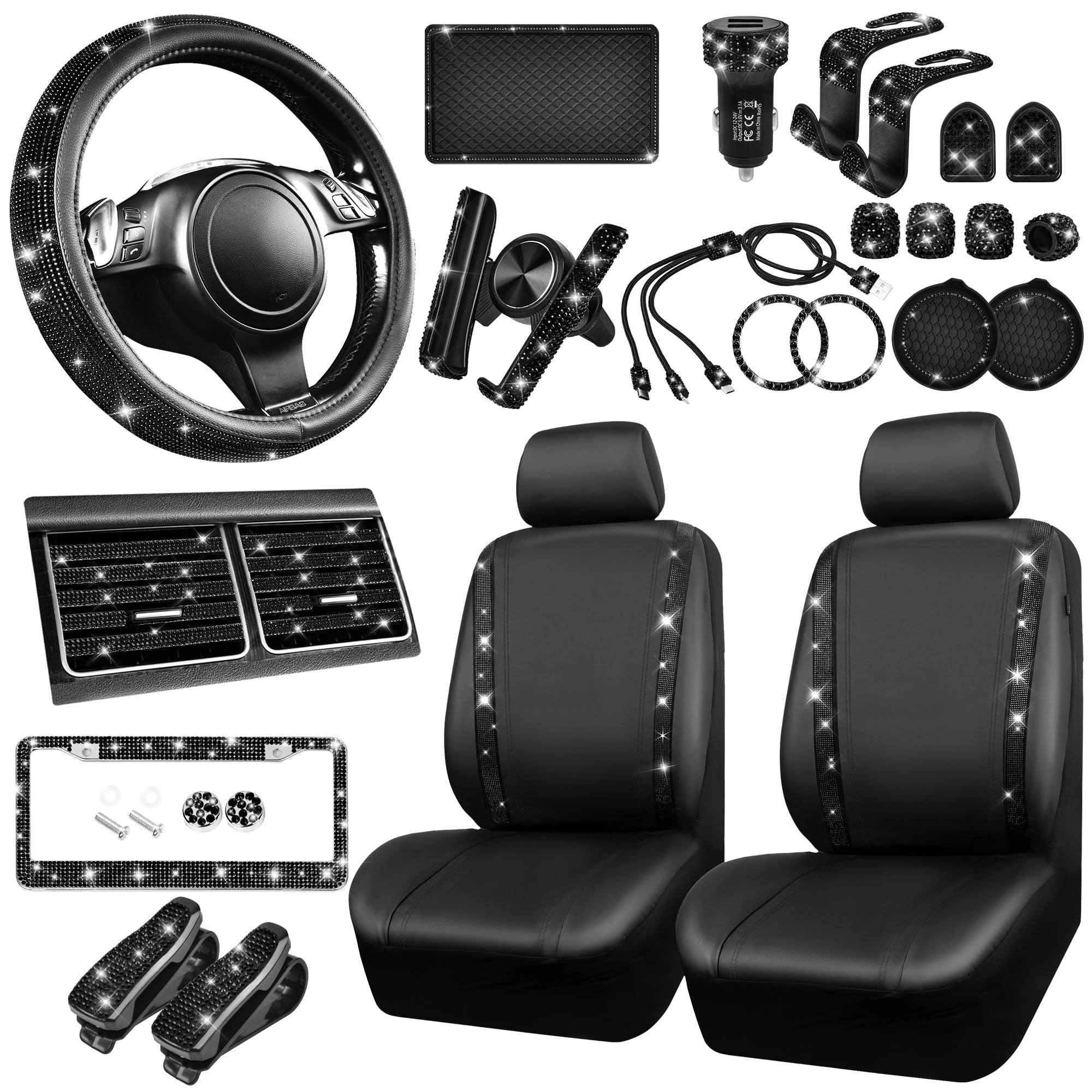 34 PCS Bling Car Accessories Set for Women - Leather Seat Covers, 15