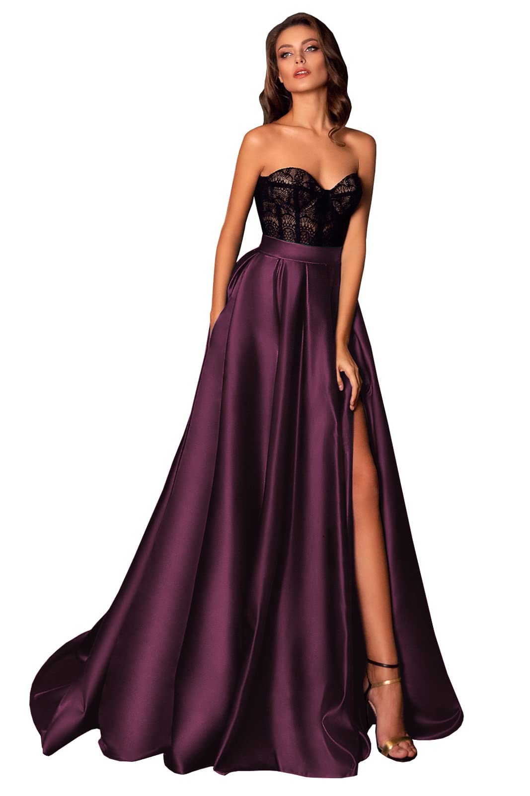 Elegant Black Strapless Lace Corset Prom Dress with Satin Ruched Detail & High Slit - Formal Evening Gowns for Women with Pockets | Perfect for Homecoming, Prom Night, Wedding Guest & Special Occasions