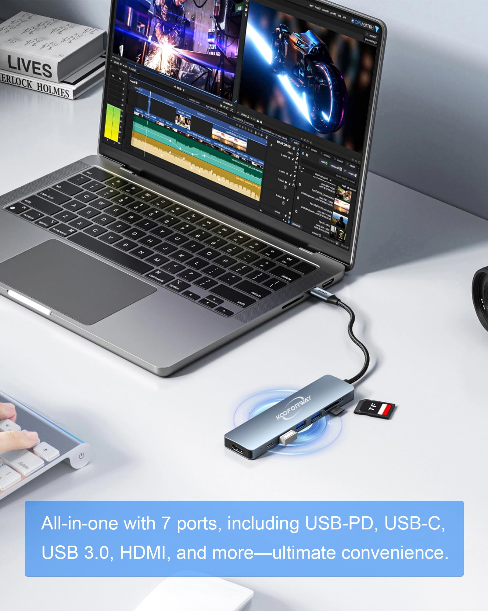 KOOFERWAY 7-in-1 USB C Hub with HDMI, 3 USB Ports, SD/TF Card Reader & 100W PD Charging - Compatible with MacBook Pro/Air, Dell, HP, Lenovo, Surface Laptops - Perfect for Work, Travel & Home Office Connectivity