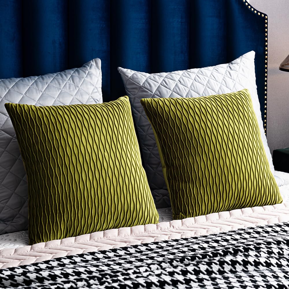 DEZENE 20x20 Inch Moss Green Velvet Throw Pillow Covers - 2 Pack Soft Striped Square Decorative Cushion Cases for Farmhouse Sofa, Couch, Bedroom & Living Room Decor