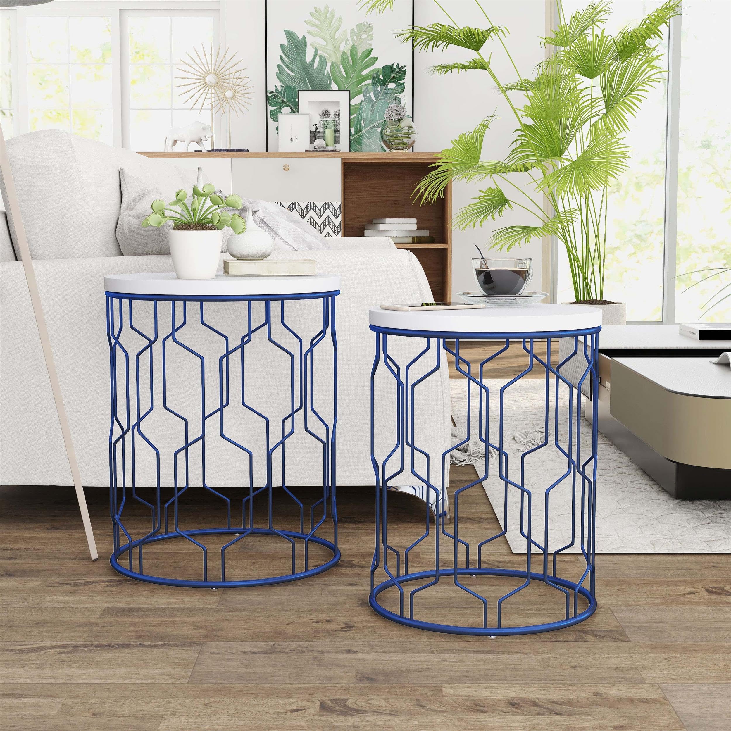 Furniture of America Vereira Metal 2-Piece Nesting Table Set - Blue & White Modern Side Tables for Living Room, Bedroom, or Office Decor