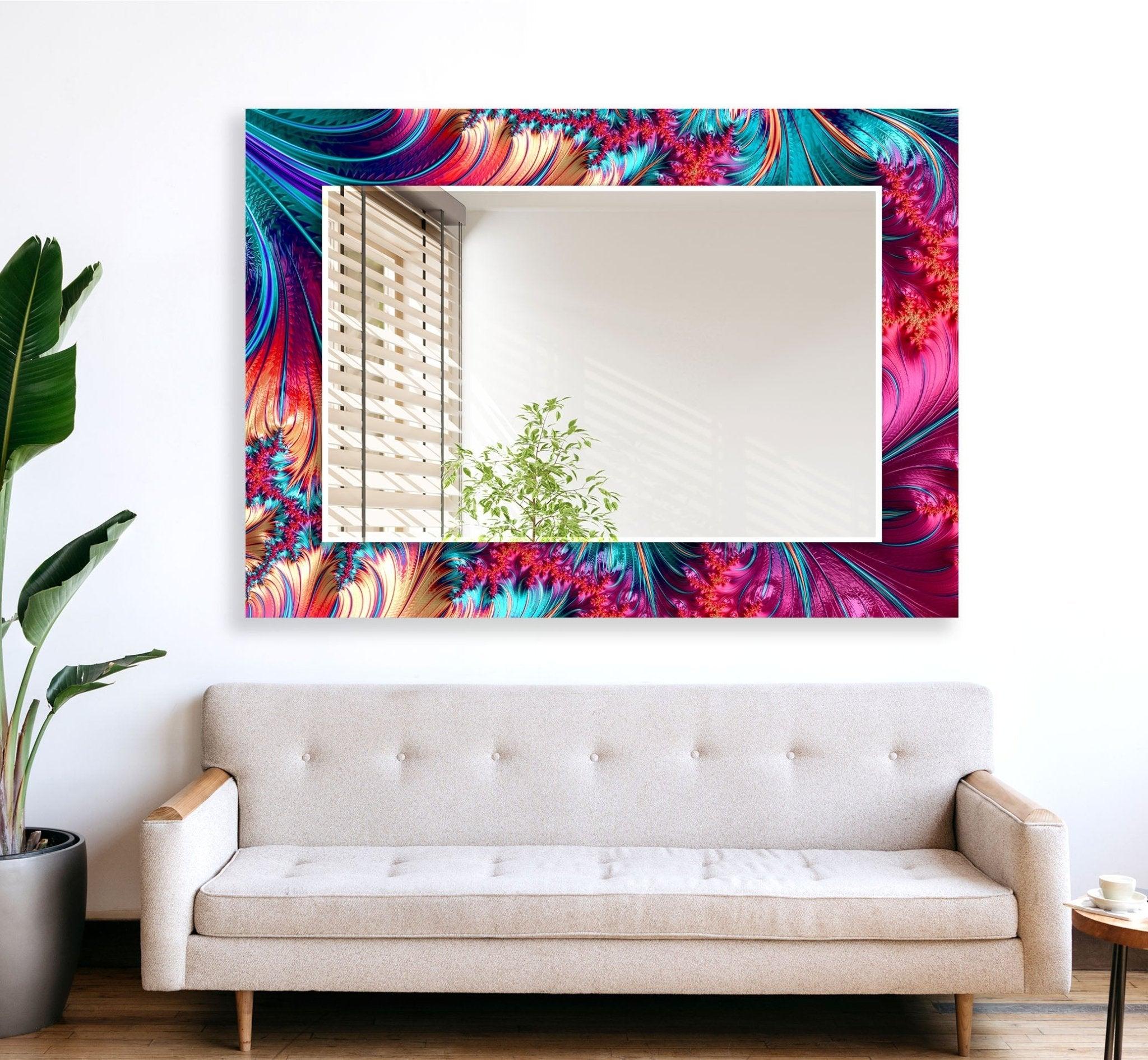 Abstract Fractal Neon Wall Mirror - Modern Geometric Decorative Mirror for Living Room, Bedroom & Bathroom - Unique LED Light Design for Home Decor & Gifts