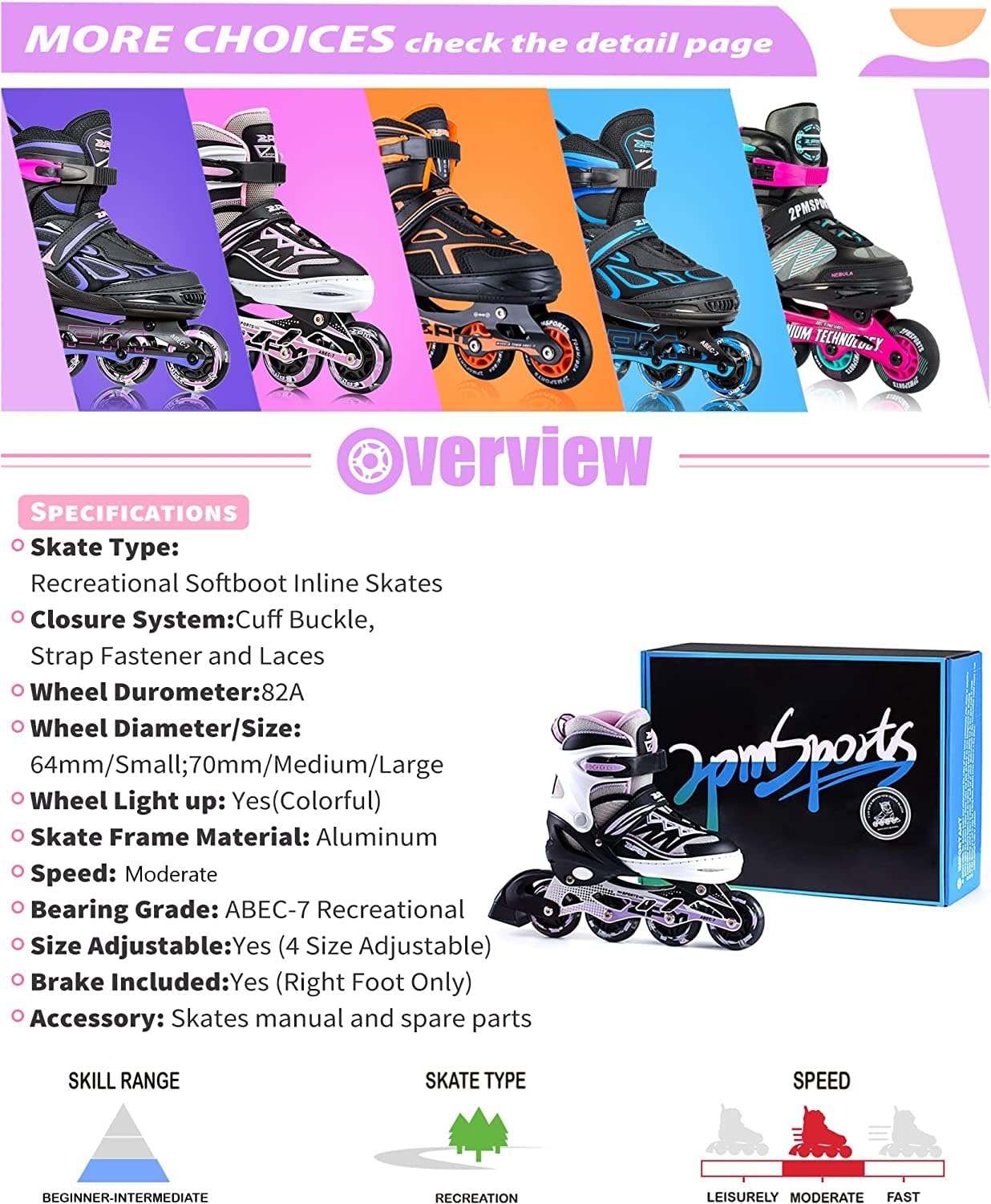 2PM SPORTS Cytia Adjustable Size Inline Skates with Full LED Light Wheels - Rollerblades for Kids, Women & Men - Perfect for Outdoor Fun, Fitness & Night Skating