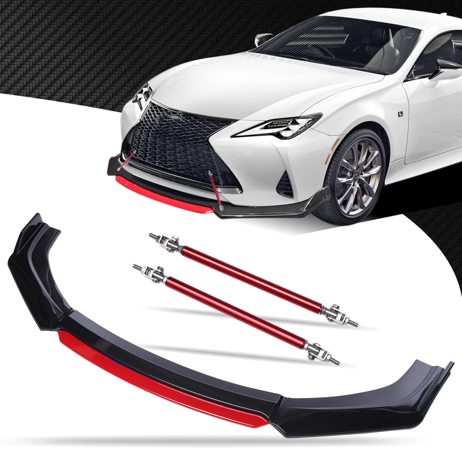 Universal Front Bumper Lip Body Kit - Black & Red ABS Front Spoiler Splitter with 11