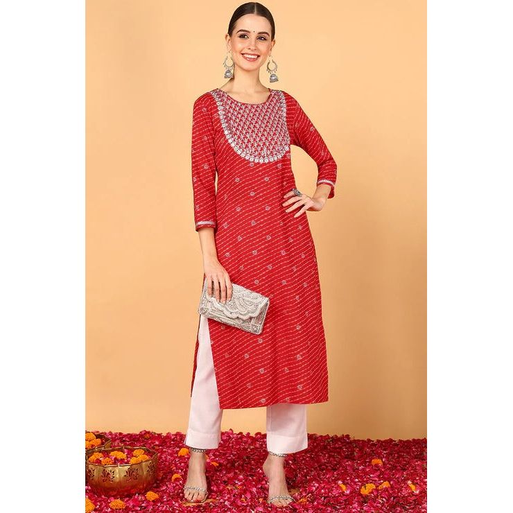 Women's Red Leheriya Cotton Kurta - Comfortable & Stylish Indian Ethnic Wear for Festivals, Parties & Casual Outings