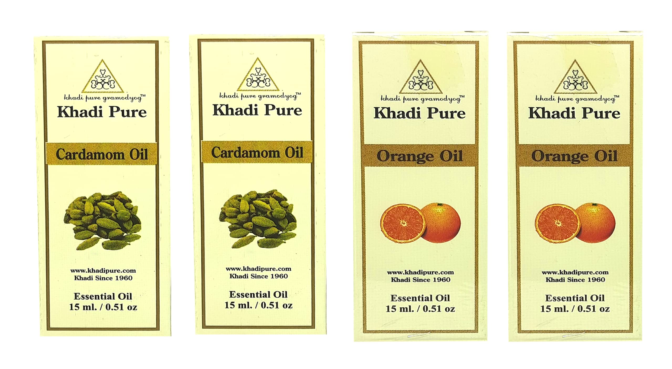 Khadi Pure Cardamom & Orange Essential Oil - 15ml (Pack of 4) | Aromatherapy, Diffuser, Massage & DIY Skincare | Relaxation & Stress Relief