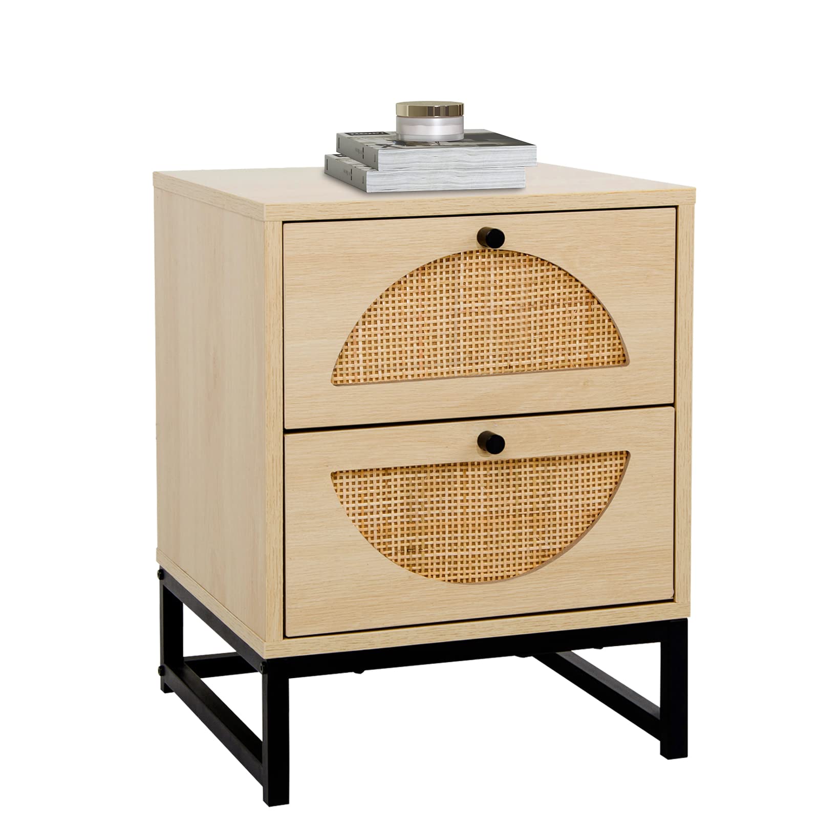 Rattan Nightstand with 2 Drawers & Metal Legs - Rustic Bedside Table for Bedroom & Living Room Storage