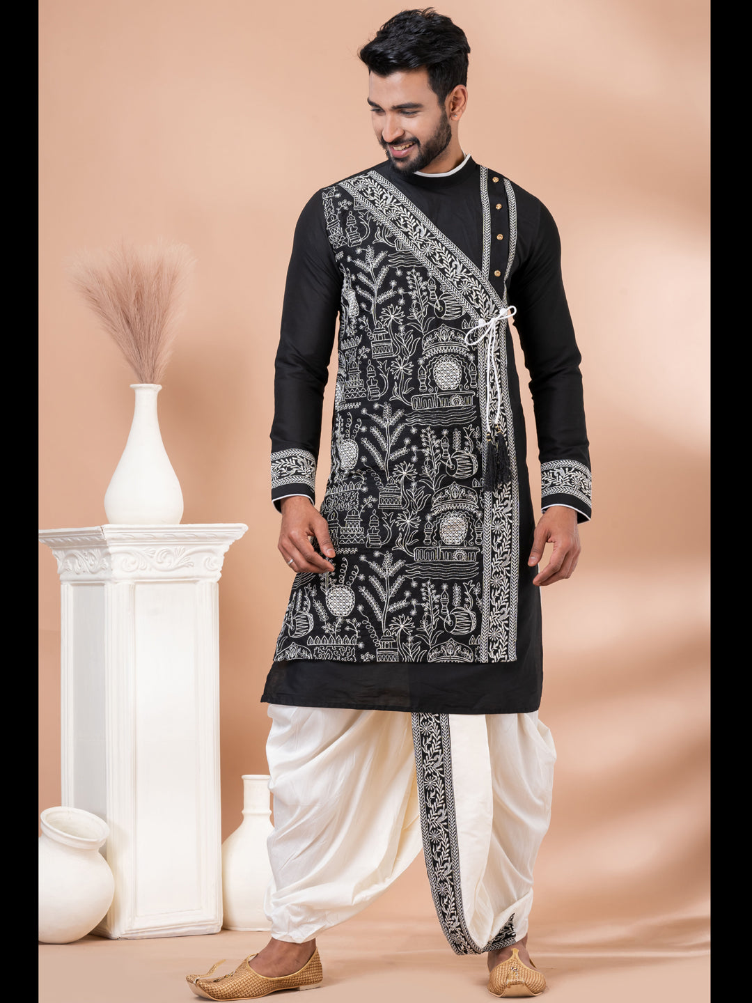 Premium Black Designer Men's Kurta Dhoti Set with Exquisite Embroidery - Perfect for Weddings, Festivals & Cultural Events