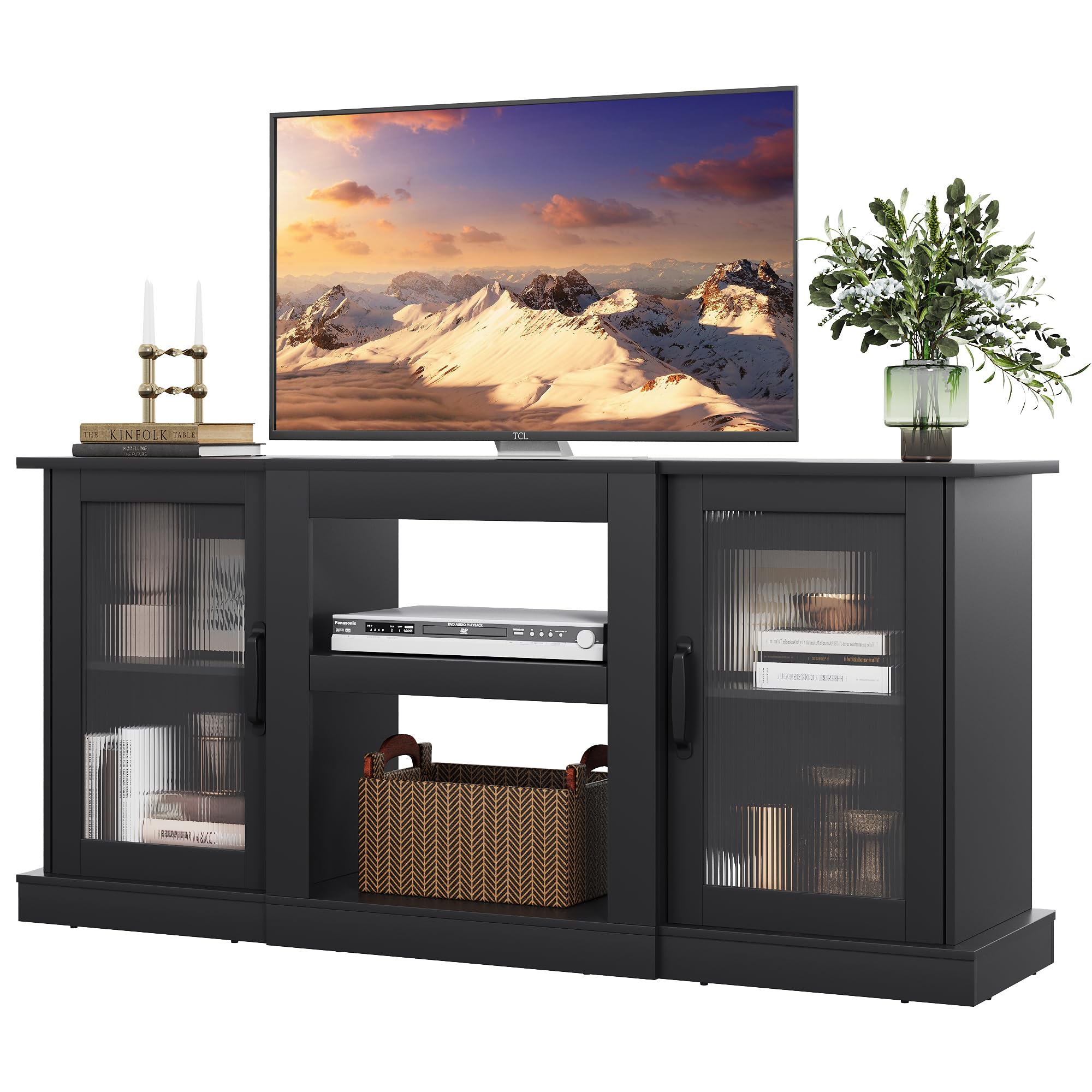 WLIVE Retro TV Stand for 65 Inch TVs - Modern TV Console Cabinet with Storage & Open Shelves - Entertainment Center for Living Room, Bedroom - Black - Perfect for Home Theater Setup & Media Organization