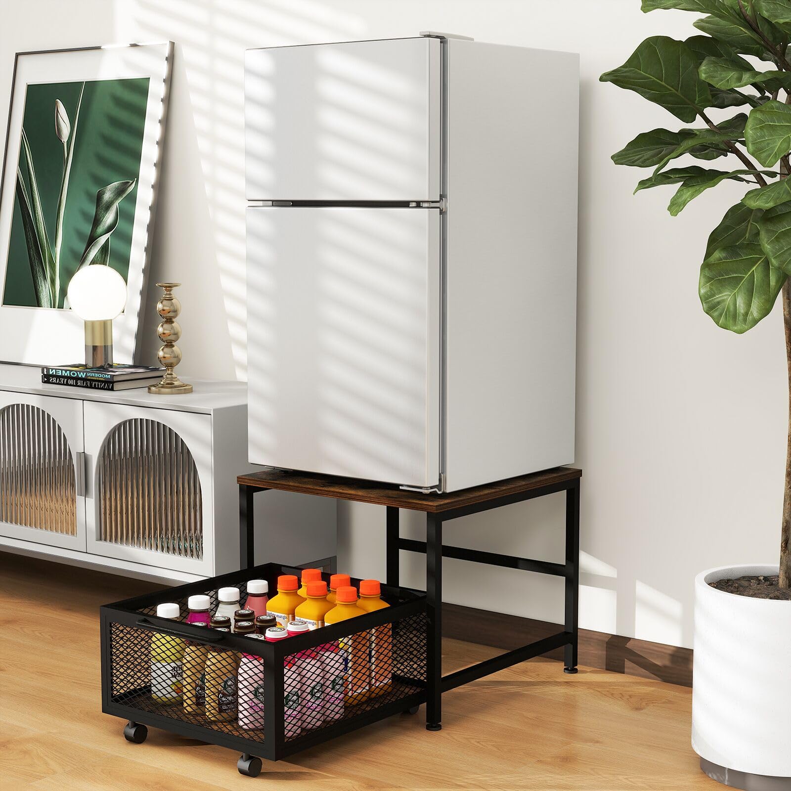 Mini Fridge Stand with Storage - Rolling Cabinet Cart with Wheels, Heavy Duty Refrigerator Table Shelf for Dorm, Home & Office | Perfect for Small Spaces, Bedrooms & Retro Decor