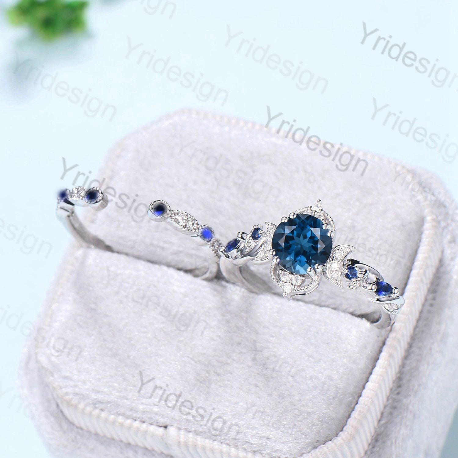 London Blue Topaz Engagement Ring Set for Women – Nature Inspired Art Deco Wedding Ring with Open Gap Sapphire Accents | Perfect for Bridal, Anniversary & Special Occasion Gifts