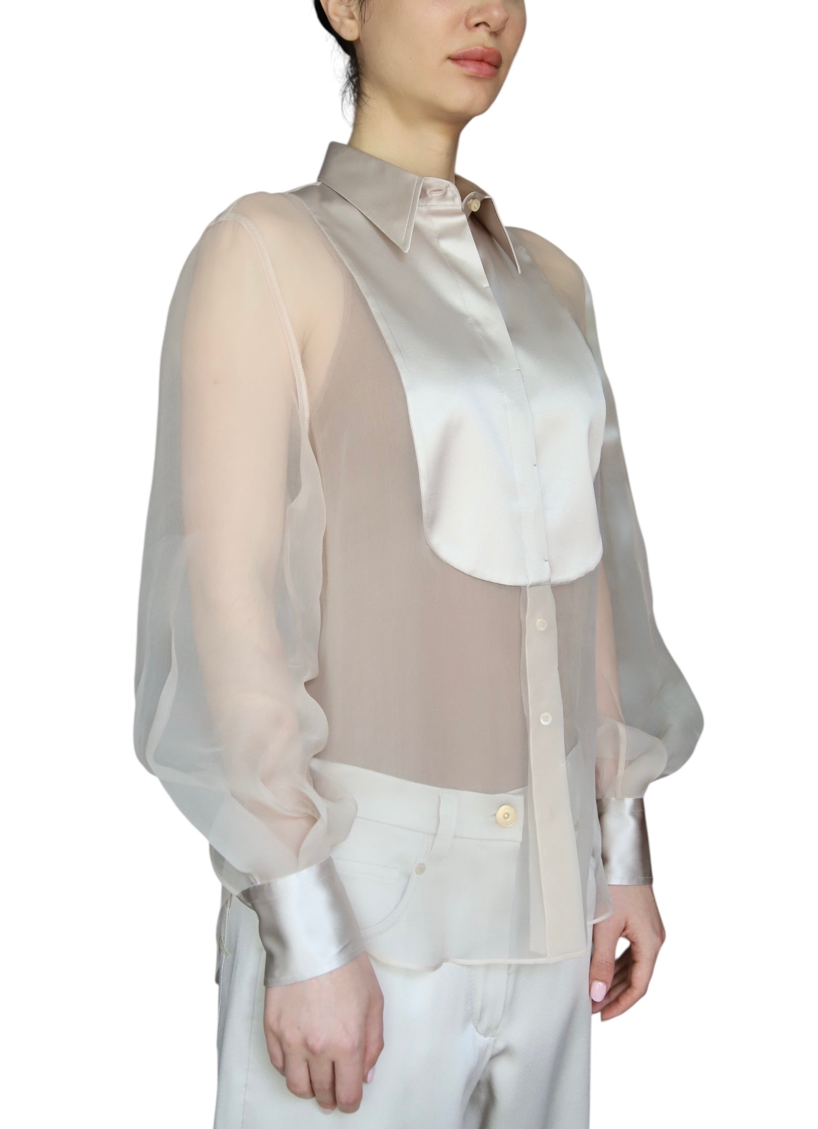 Brunello Cucinelli Beige Sheer Silk Tuxedo Shirt for Men Size M - Elegant Formal Wear for Weddings & Evening Events