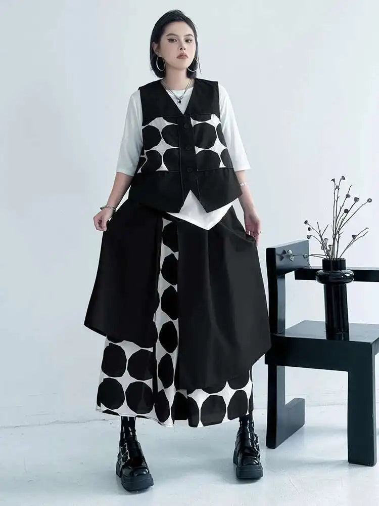 Plus Size Black Polka Dot Vest & Wide Leg Pants 2-Piece Set - Women's Fashion V-Neck Sleeveless Outfit for Spring/Fall 2025 | Office Wear, Casual Chic, Party Outfit