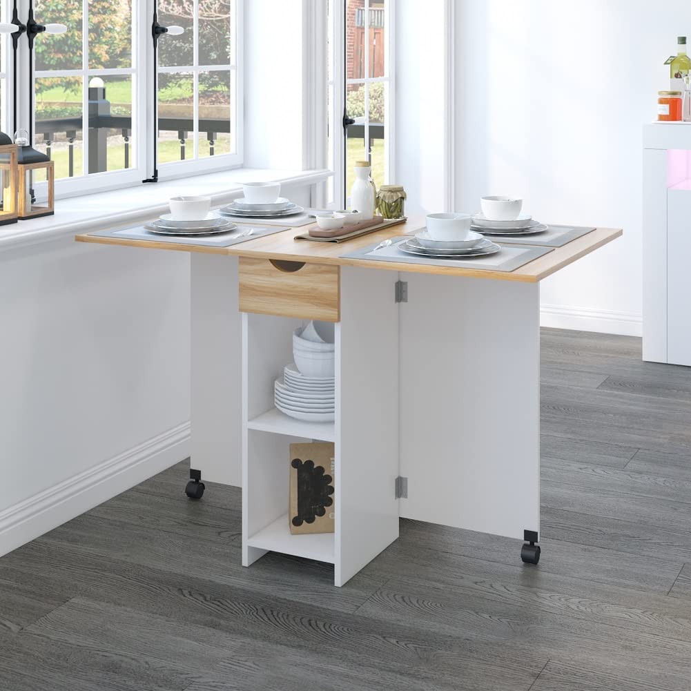 Space-Saving Drop Leaf Folding Dining Table with 1 Drawer & 2 Open Shelves - Modern Kitchen Table for Small Spaces in White & Red Oak - Perfect for Apartments, Breakfast Nooks & Compact Dining Areas