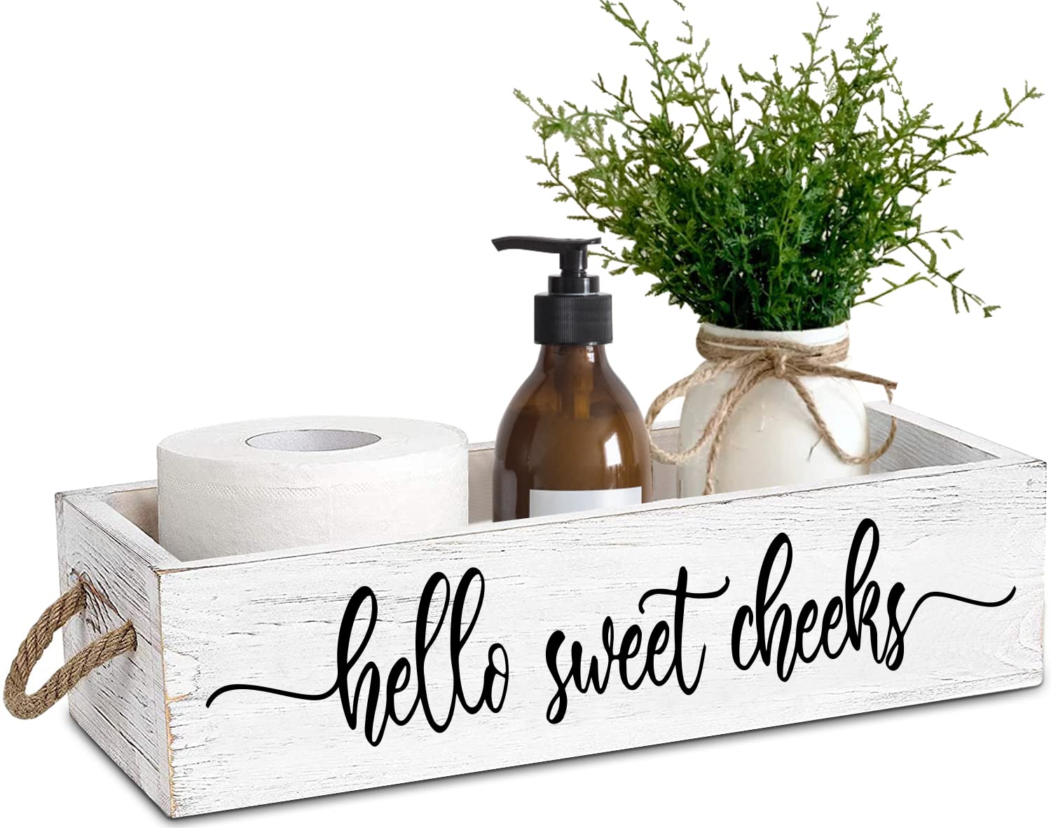 PZJIEAN Funny 2-Sided Hello Sweet Cheeks White Bathroom Storage Box with Handle - Farmhouse Toilet Paper Organizer & Decor for Back of Toilet | Perfect for Farmhouse, Rustic, or Vintage Bathroom Decor Styles