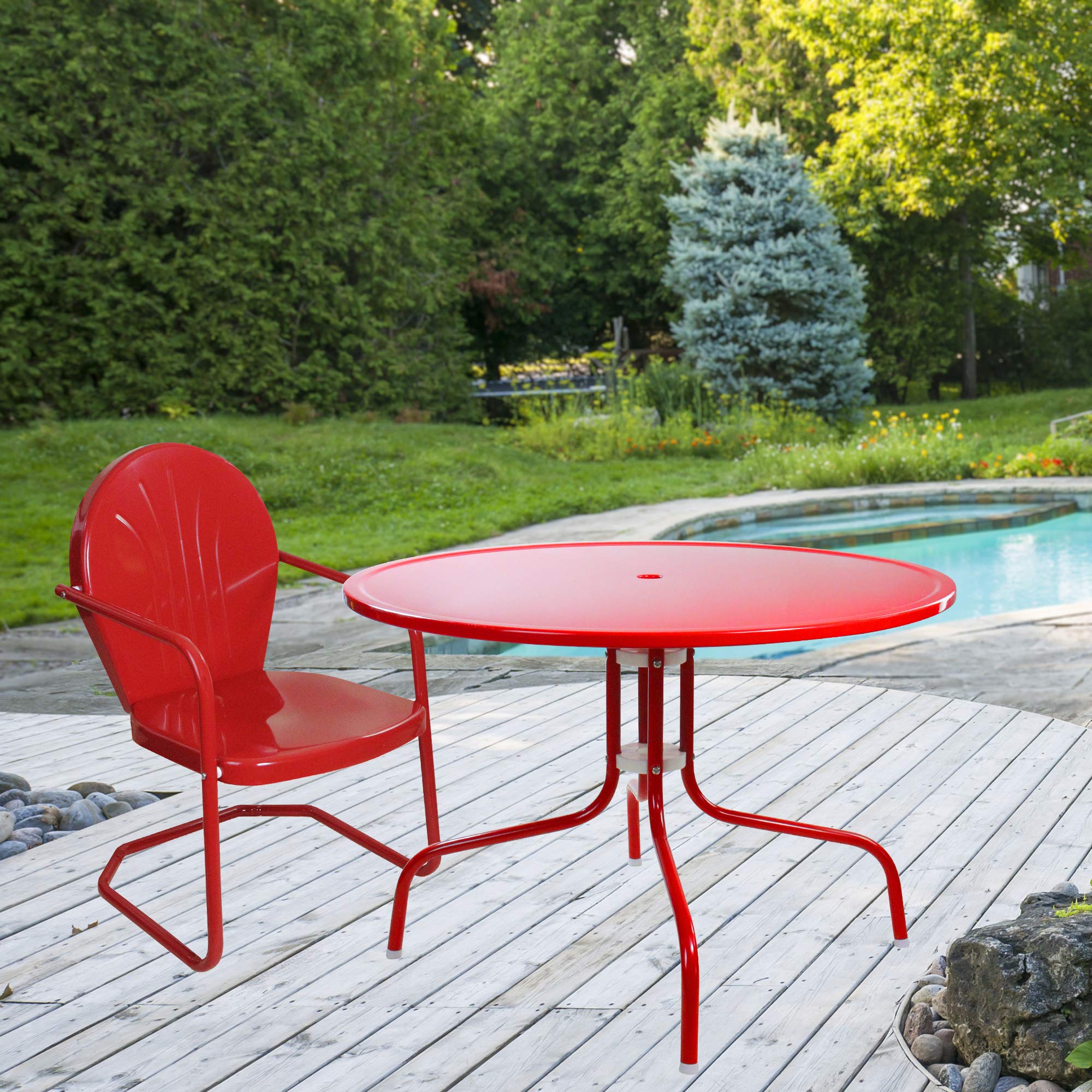 Vintage Red Metal Tulip Outdoor Dining Table - 39.25 Inch Retro Patio Table for Garden, Backyard, Poolside & Restaurant Dining - Weather Resistant Aluminum Alloy
