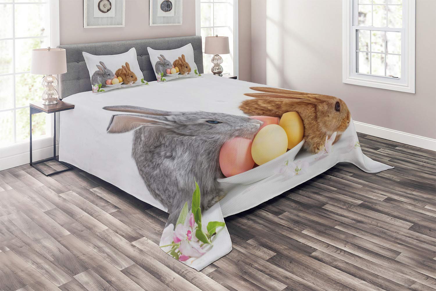 Ambesonne Easter Bunny Quilt Set - King Size 3-Piece Bedspread with 2 Pillow Shams, Grey & Brown Rabbit Floral Design for Spring Decor | Perfect for Easter Bedroom Decorations, Seasonal Home Styling, and Cozy Springtime Bedding