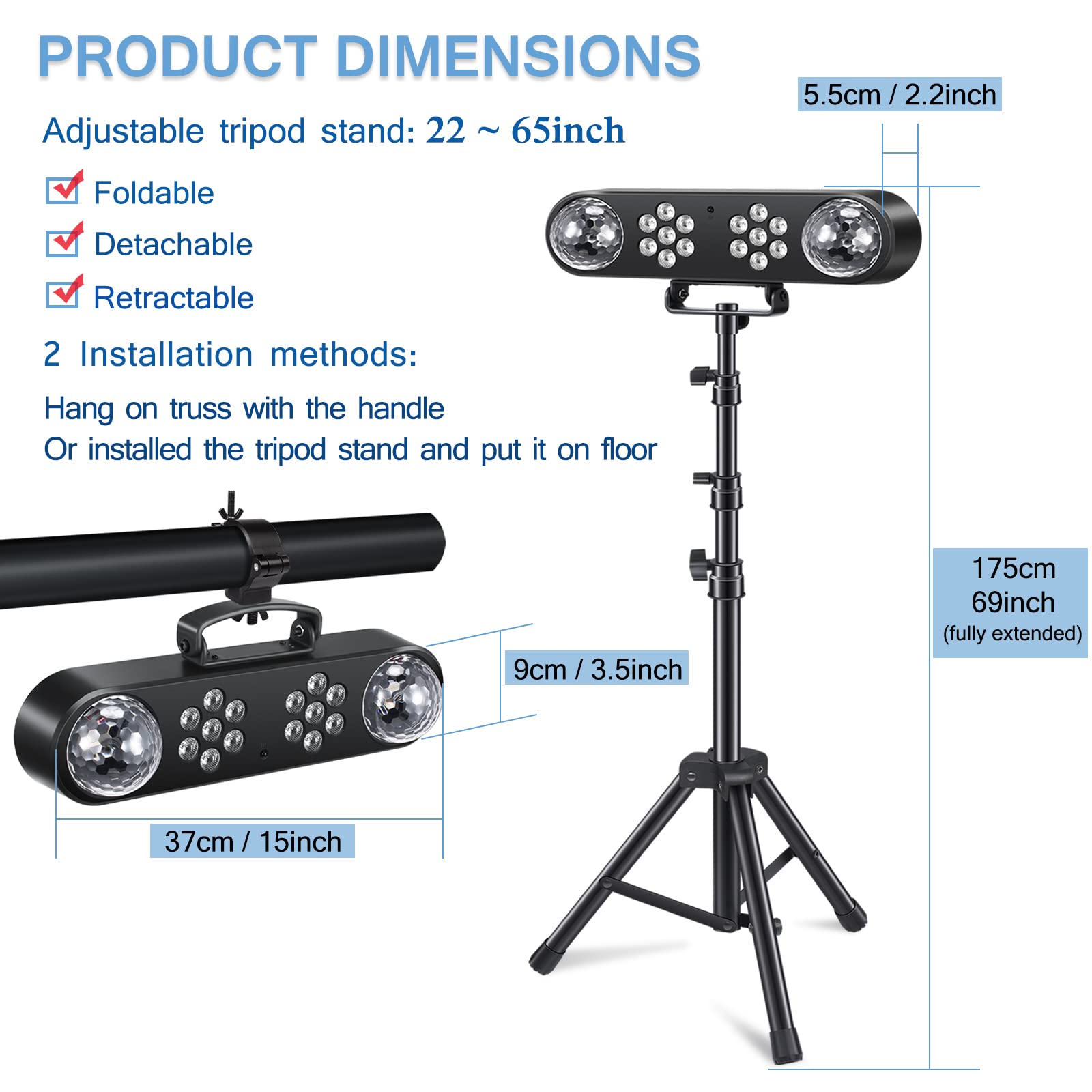 Telbum DJ Party Lights with Stand - Sound Activated RGB LED Par Lights for Stage, Mobile Bar, Band, Disco, Wedding & Holiday Events - Perfect for Halloween, Christmas & Nightclub Lighting
