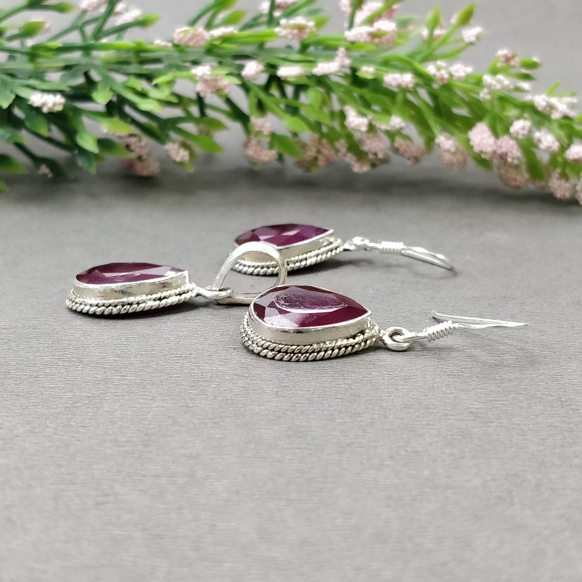 925 Sterling Silver Ruby Jewelry Set for Women - Pear Shaped Natural Glass Filled Ruby Gemstone Bezel Set Pendant & Earrings Set | Perfect for Weddings, Anniversaries & Special Occasions
